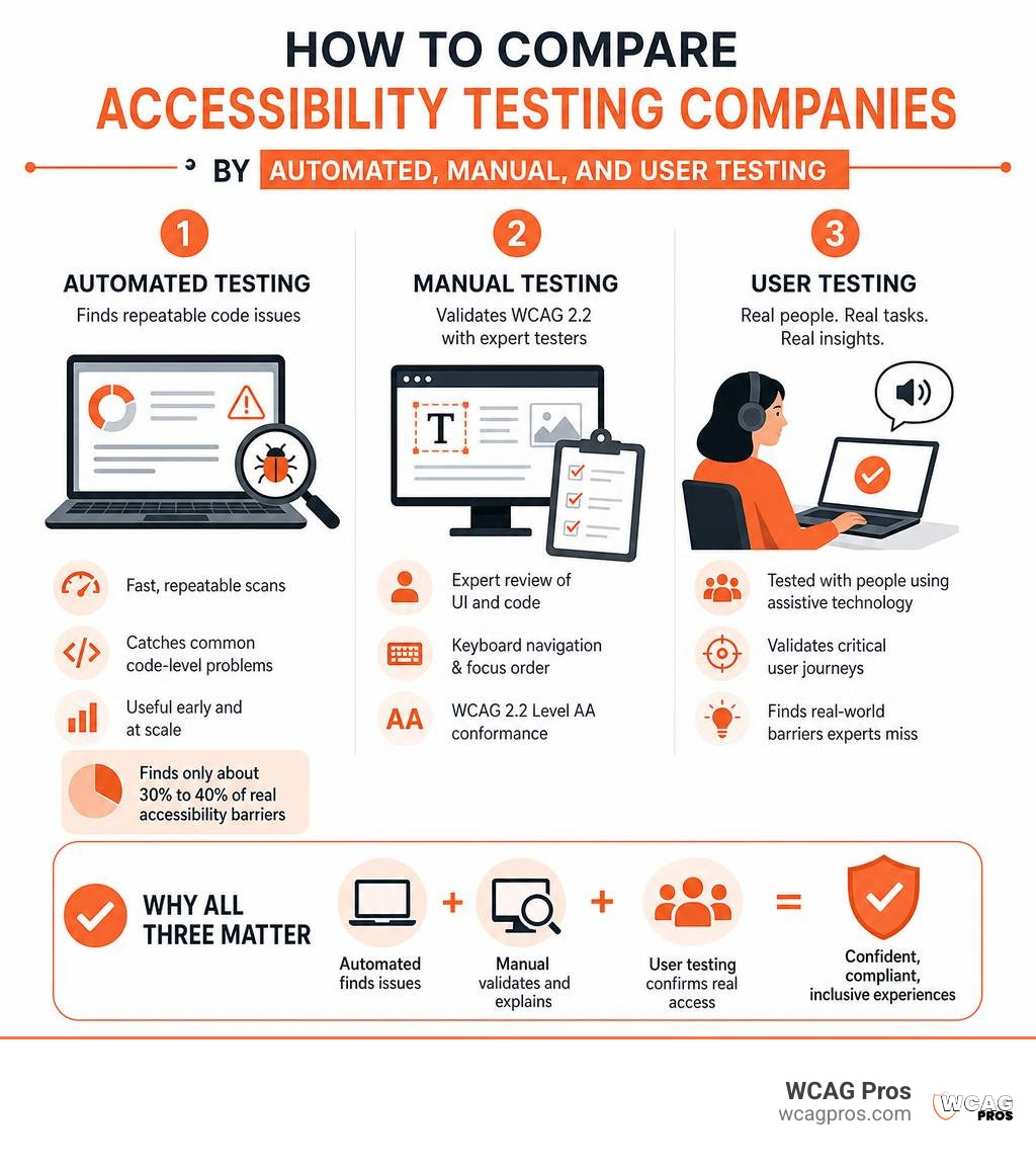 How to compare accessibility testing companies by automated, manual, and user testing infographic How to compare accessibility testing companies by automated, manual, and user testing infographic