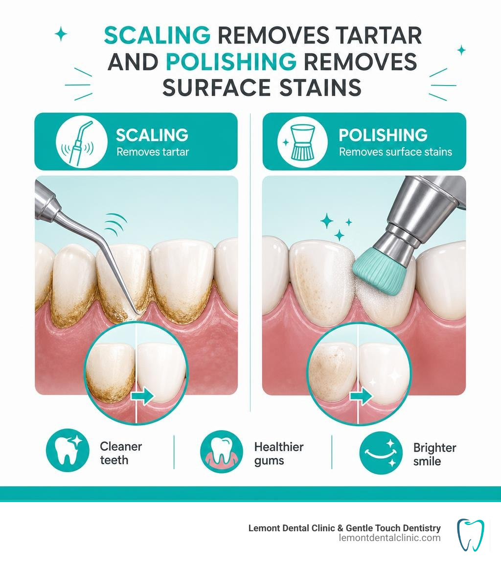 Infographic showing scaling removes tartar and polishing removes surface stains infographic Infographic showing scaling removes tartar and polishing removes surface stains infographic