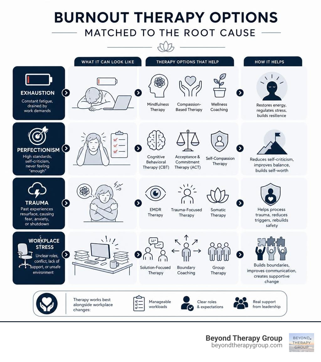 Burnout therapy options matched to exhaustion, perfectionism, trauma, and workplace stress infographic Burnout therapy options matched to exhaustion, perfectionism, trauma, and workplace stress infographic