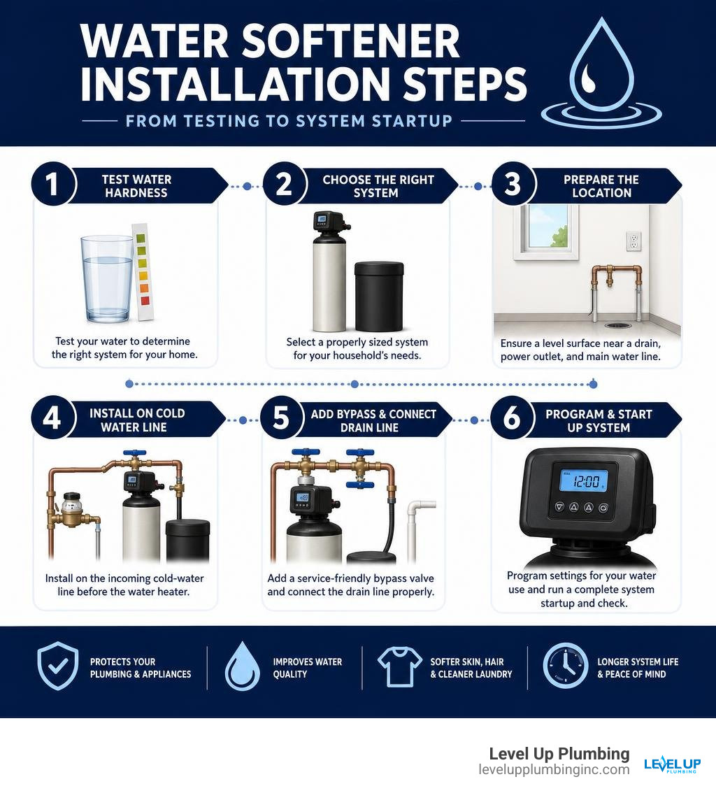 Water softener installation steps from testing to system startup infographic Water softener installation steps from testing to system startup infographic