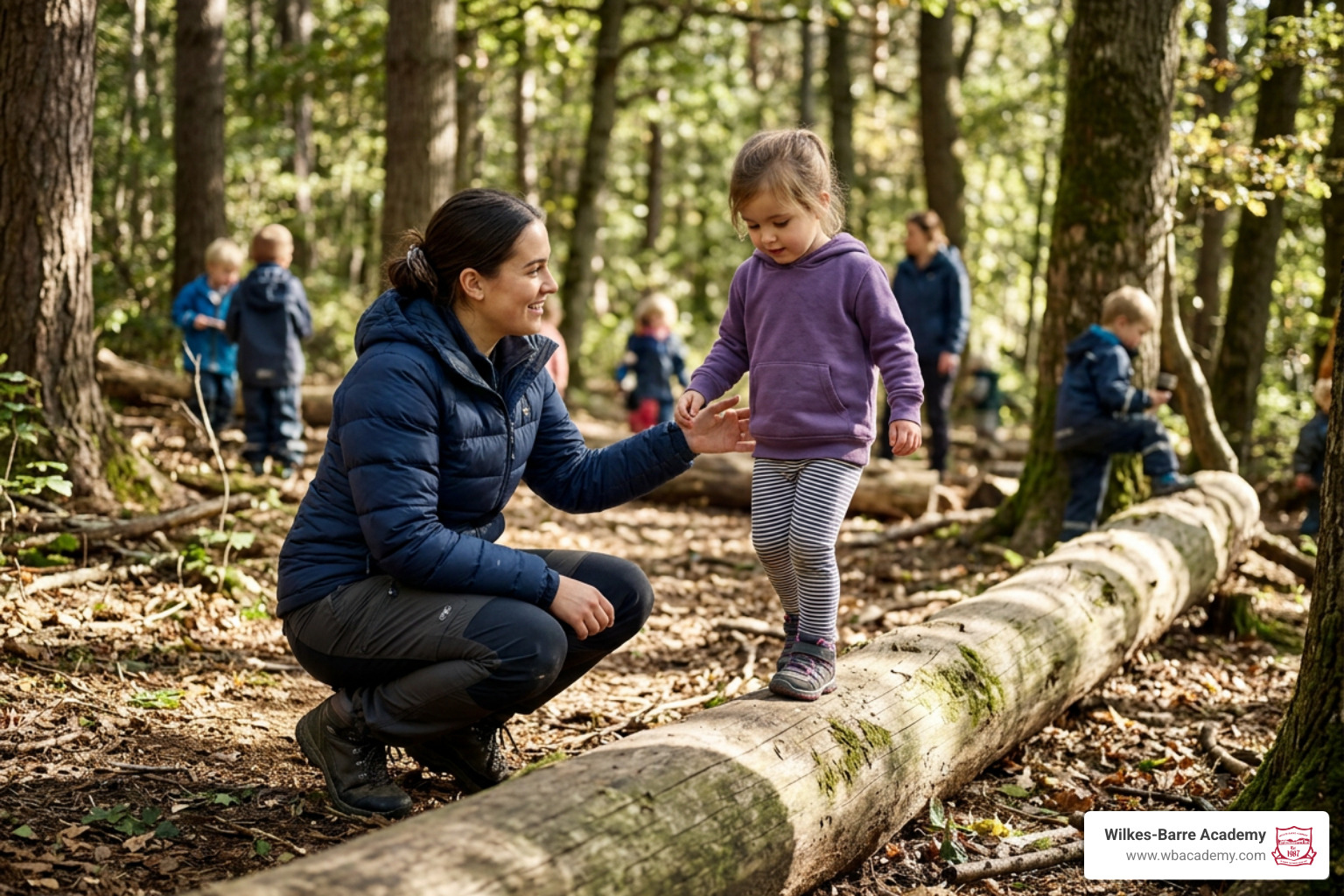 Early childhood educator facilitating supervised log climbing