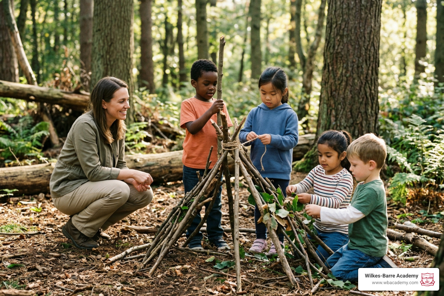 Preschoolers collaborating on a natural building project