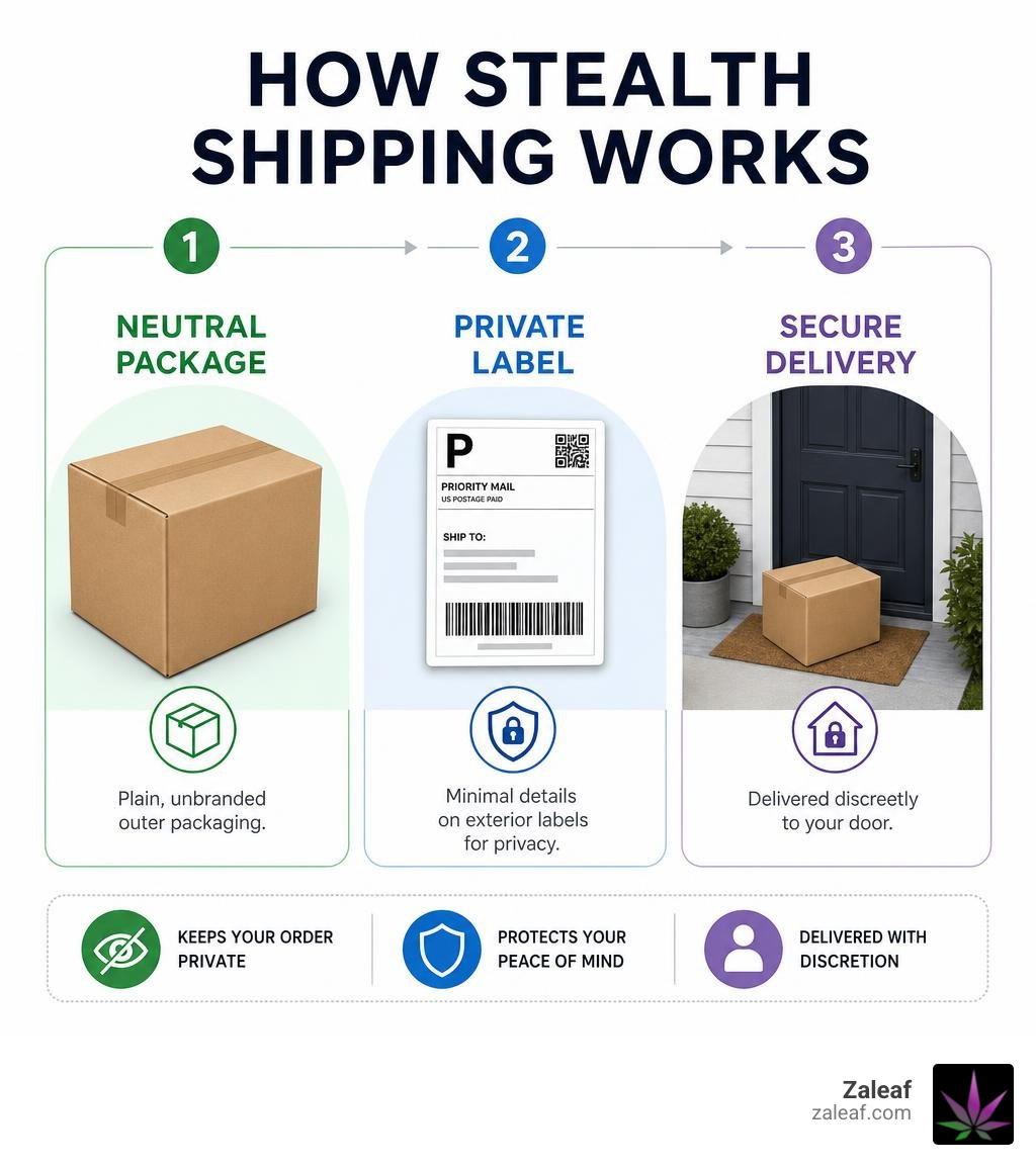 How stealth shipping works: neutral package, private label, secure delivery infographic How stealth shipping works: neutral package, private label, secure delivery infographic