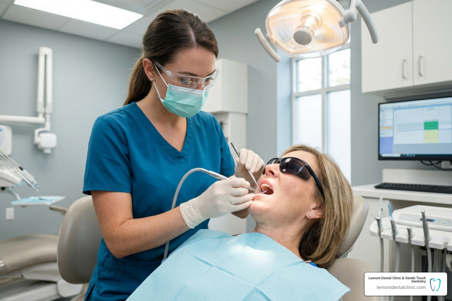 Dental hygienist performing careful supragingival scaling Dental hygienist performing careful supragingival scaling