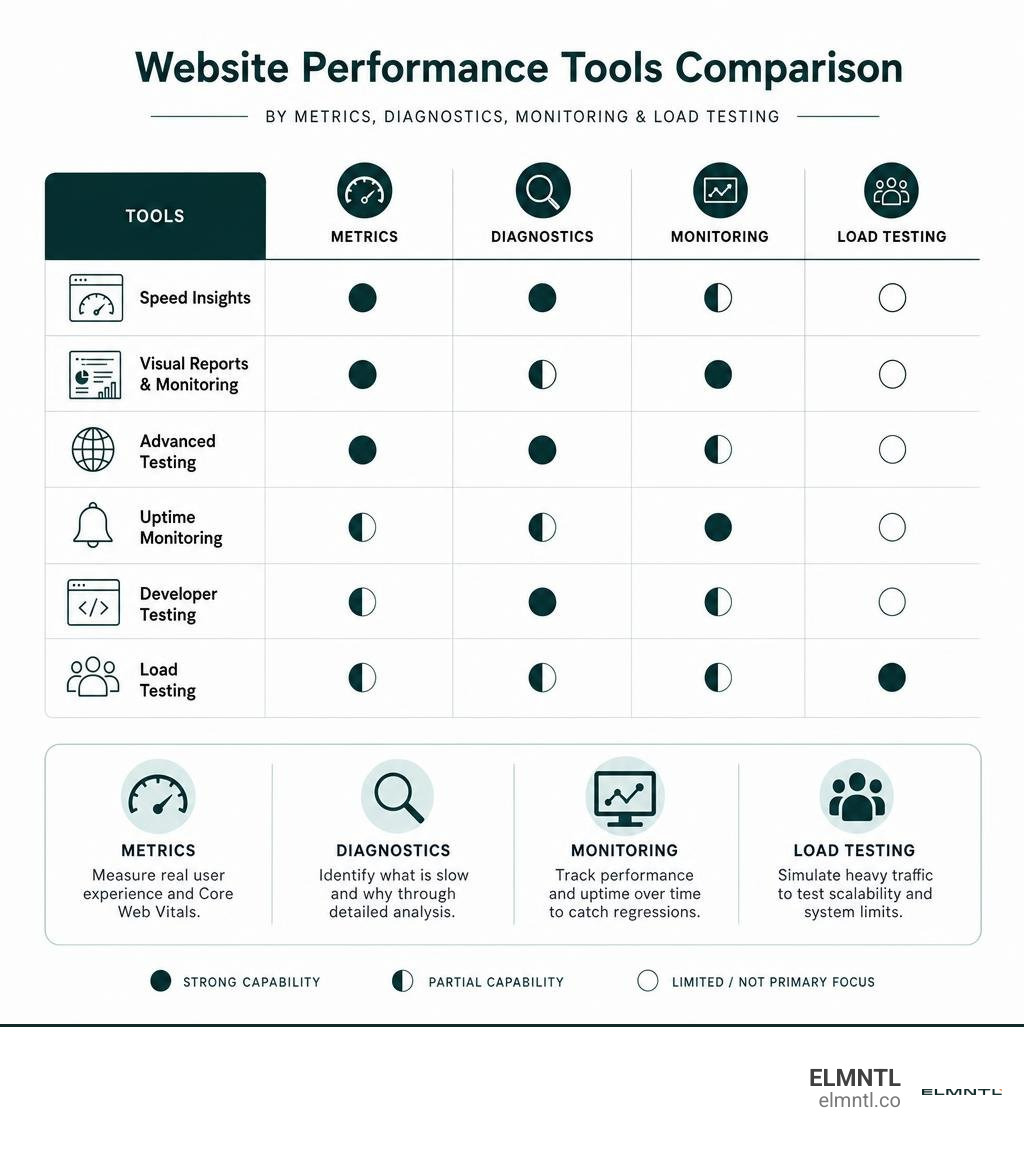 Website performance tools comparison by metrics diagnostics monitoring and load testing infographic Website performance tools comparison by metrics diagnostics monitoring and load testing infographic