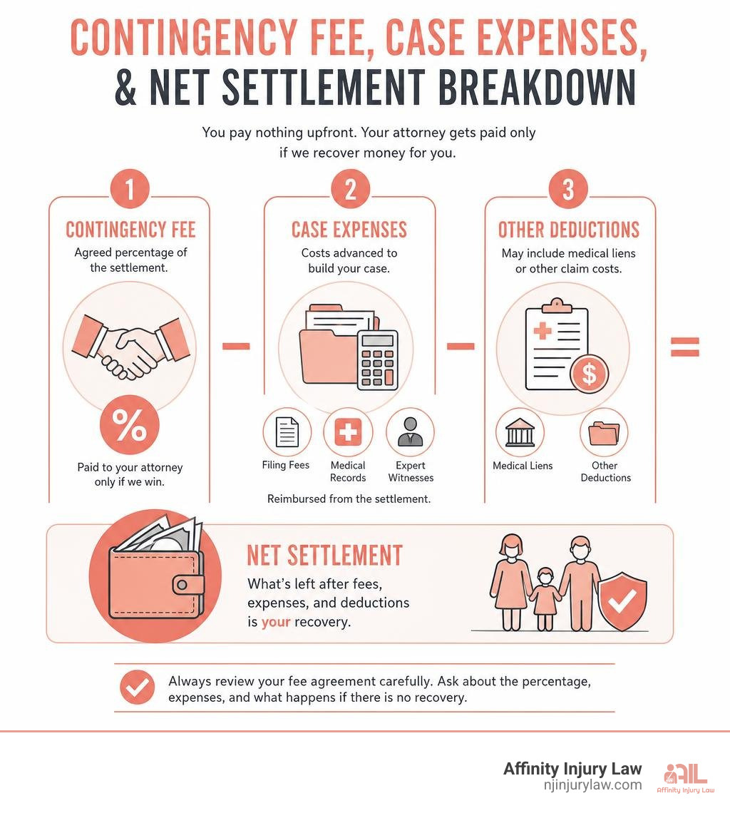 Contingency fee, case expenses, and net settlement breakdown infographic Contingency fee, case expenses, and net settlement breakdown infographic