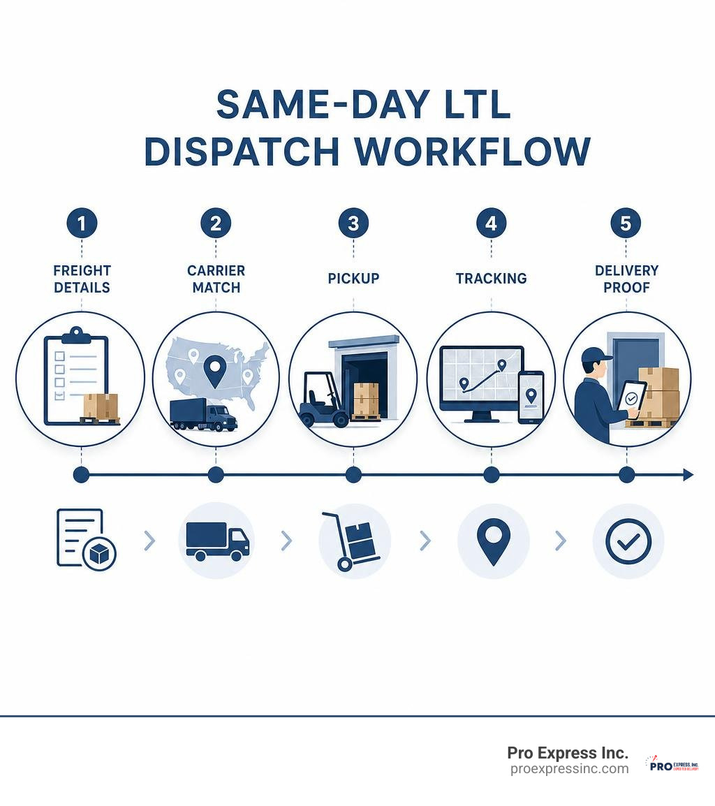Same-day LTL dispatch workflow: freight details, carrier match, pickup, tracking, delivery proof infographic Same-day LTL dispatch workflow: freight details, carrier match, pickup, tracking, delivery proof infographic