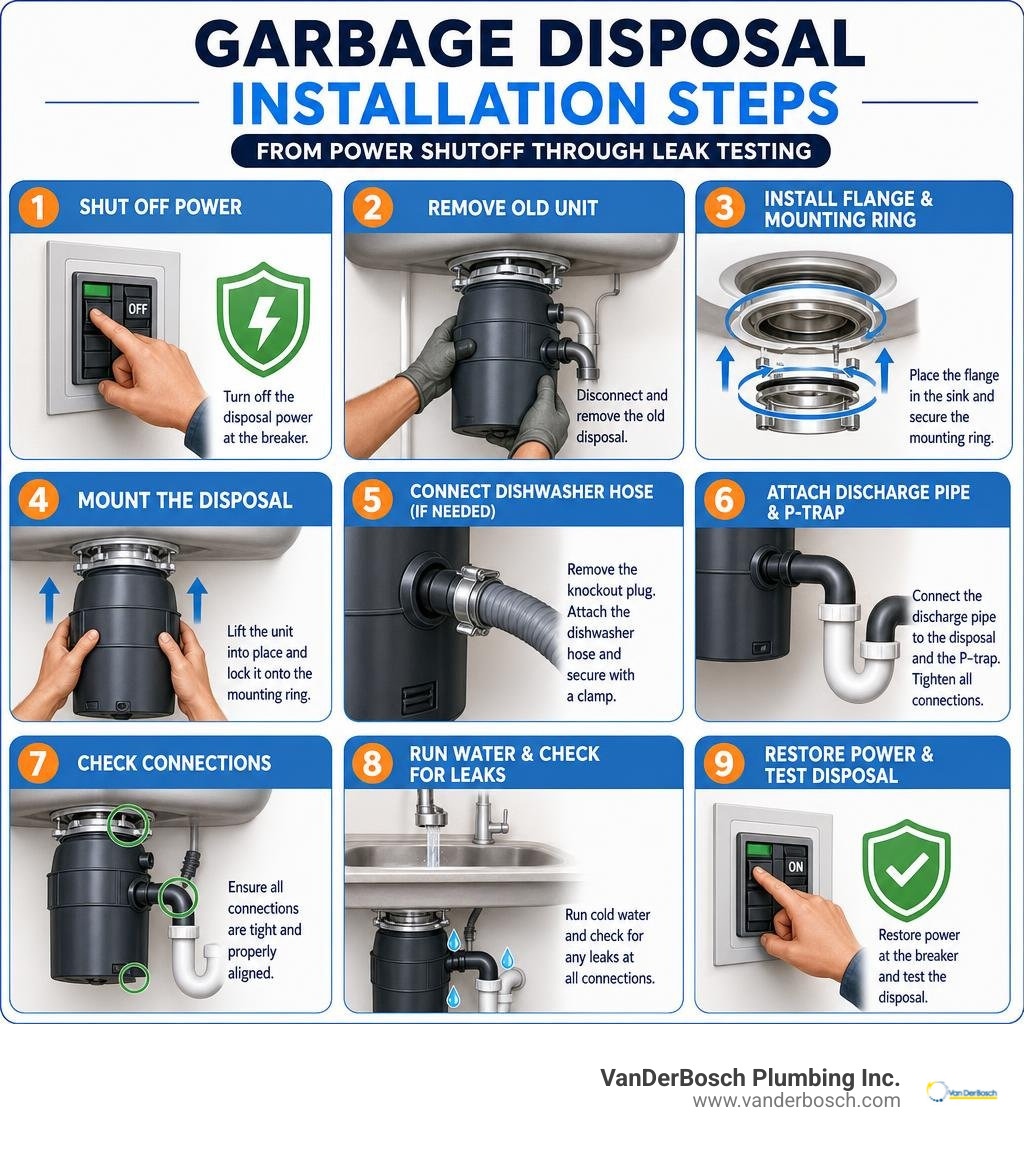 Garbage disposal installation steps from power shutoff through leak testing infographic Garbage disposal installation steps from power shutoff through leak testing infographic