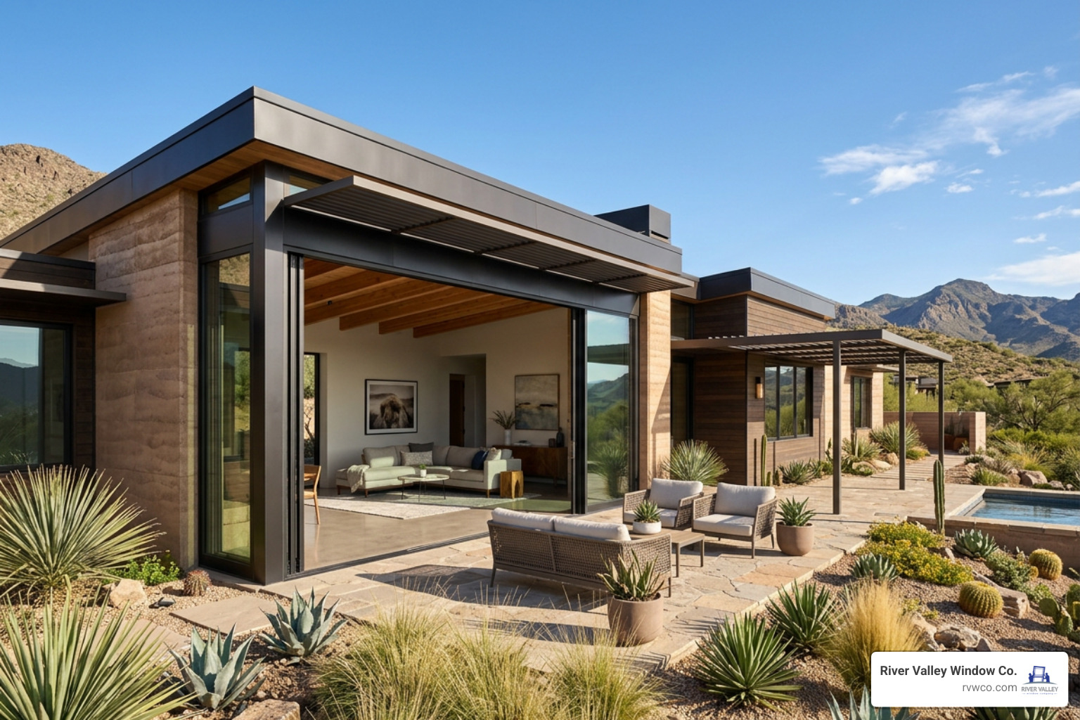 four panel multi slide glass patio door wall in a modern desert home four panel multi slide glass patio door wall in a modern desert home