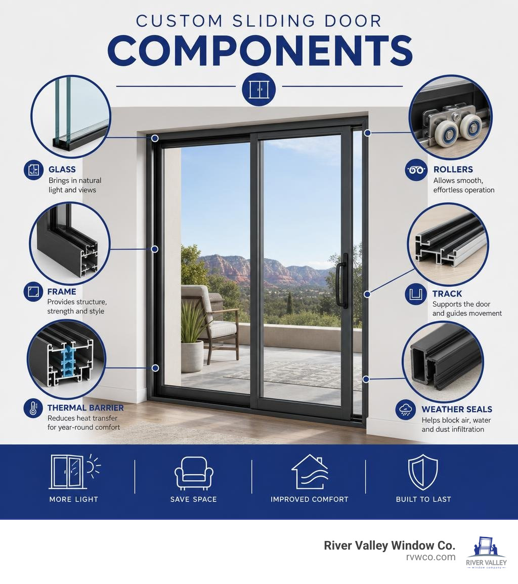 Custom sliding door components: glass, frame, thermal barrier, rollers, track and weather seals infographic Custom sliding door components: glass, frame, thermal barrier, rollers, track and weather seals infographic