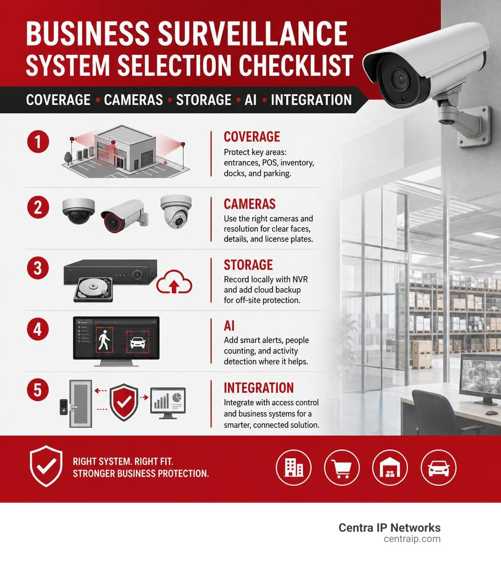 Business surveillance system selection checklist: coverage, cameras, storage, AI, integration infographic Business surveillance system selection checklist: coverage, cameras, storage, AI, integration infographic