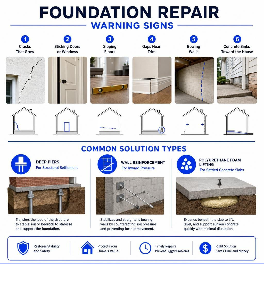 Foundation repair warning signs and common solution types infographic Foundation repair warning signs and common solution types infographic