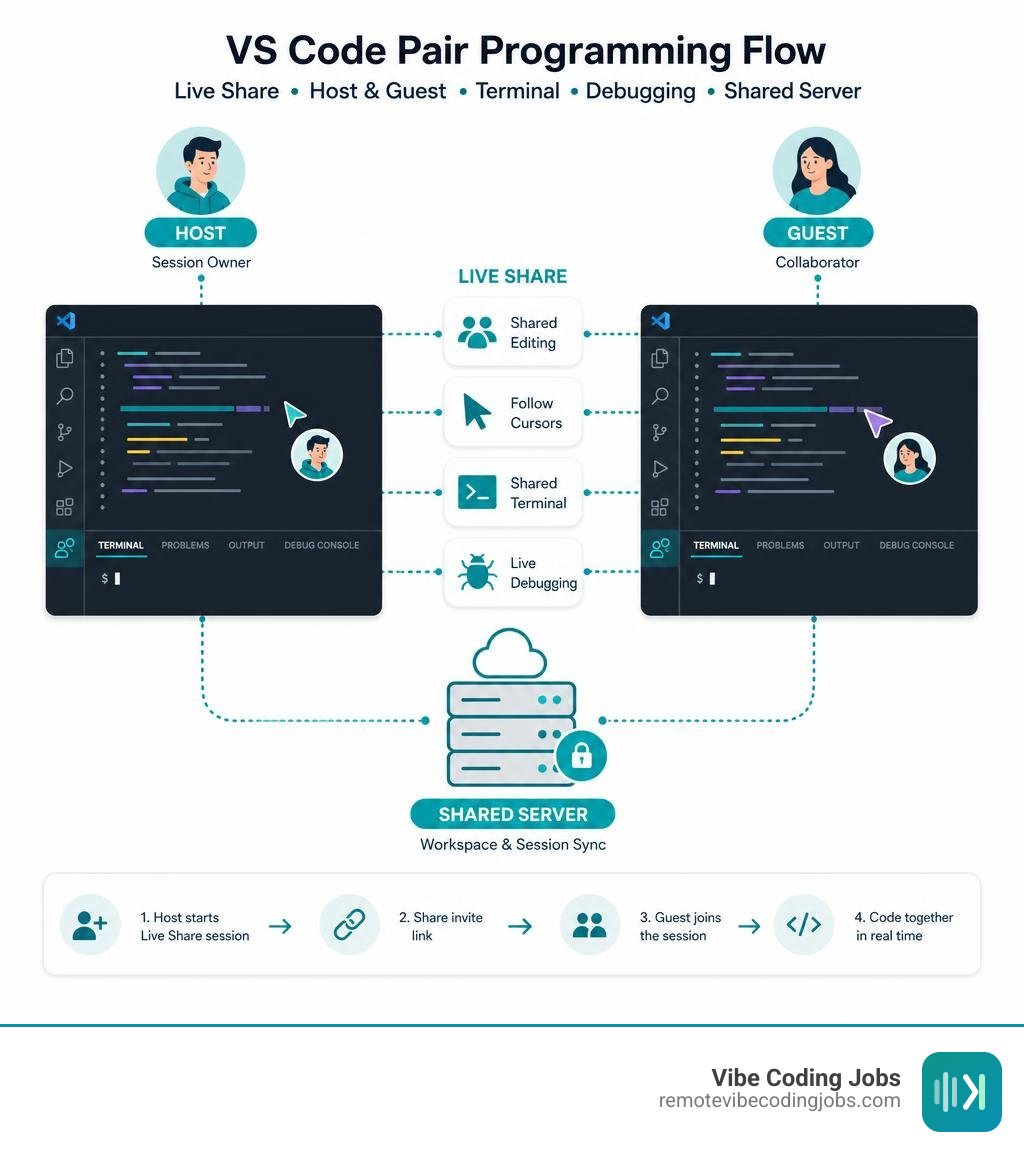 VS Code pair programming flow with Live Share host guest terminal debugging and shared server infographic