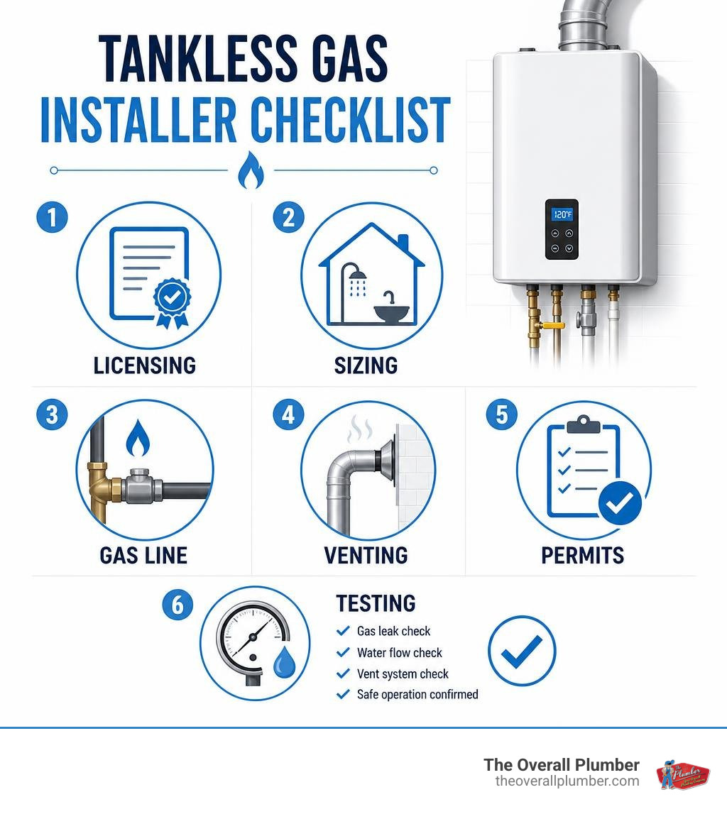Tankless gas installer checklist: licensing, sizing, gas line, venting, permits, and testing infographic Tankless gas installer checklist: licensing, sizing, gas line, venting, permits, and testing infographic