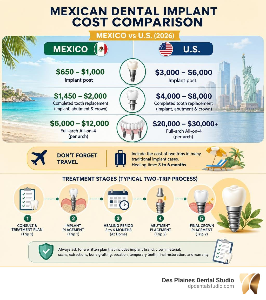 Mexican dental implant cost comparison Mexico versus US including travel and treatment stages infographic