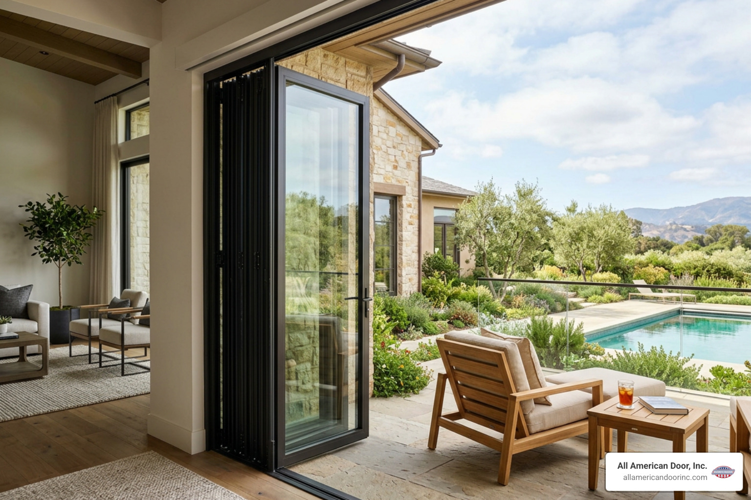 Stacked custom folding door panels on an open patio Stacked custom folding door panels on an open patio