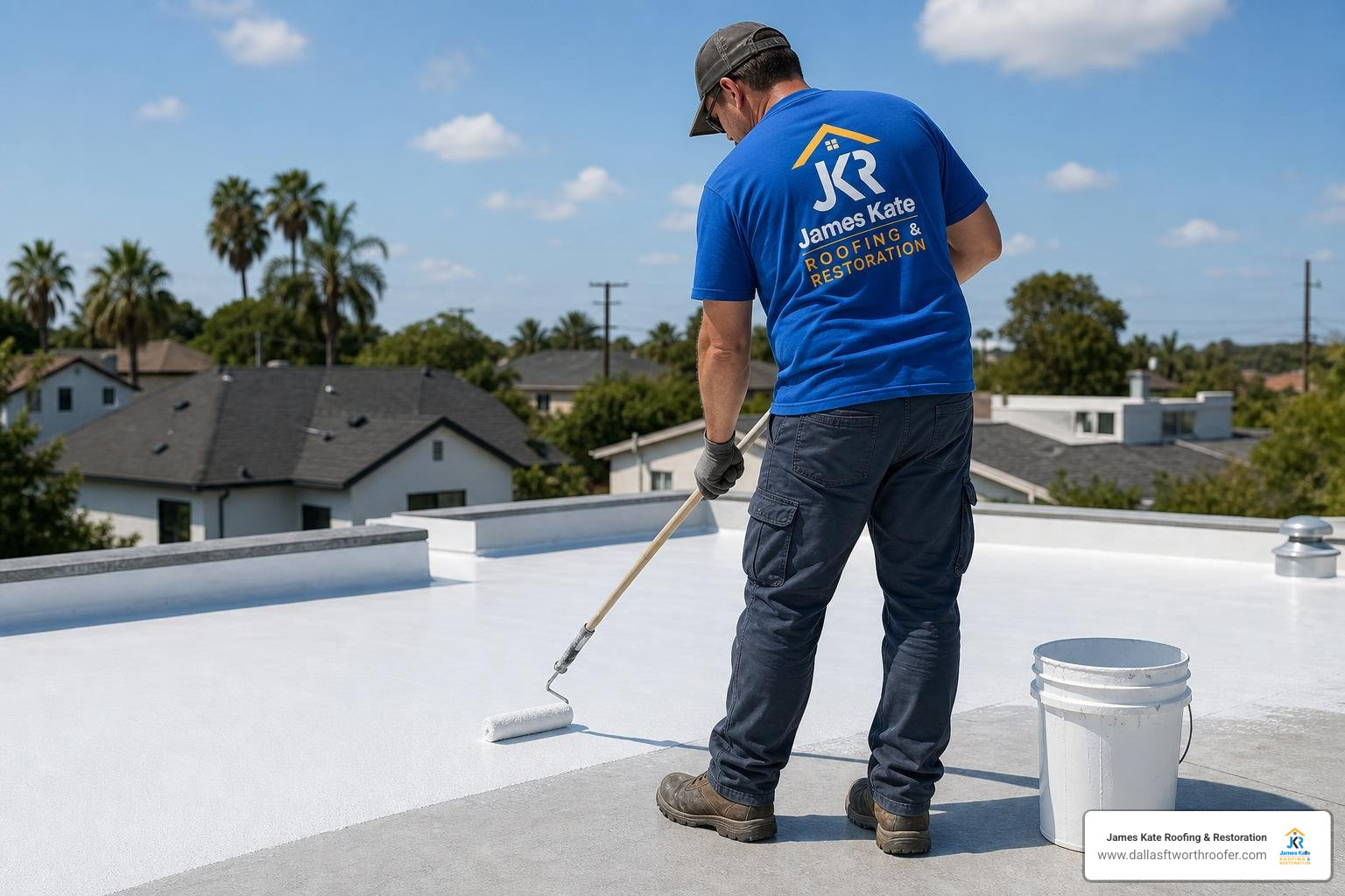 professional roofer rolling topcoat onto flat roof professional roofer rolling topcoat onto flat roof
