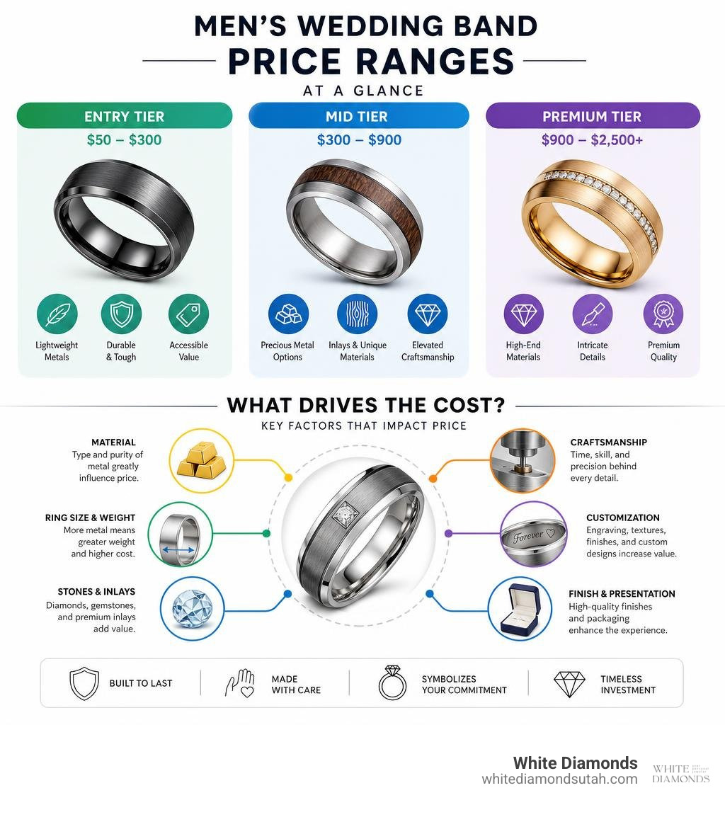 Breakdown of mens wedding band price ranges and cost factors infographic Breakdown of mens wedding band price ranges and cost factors infographic