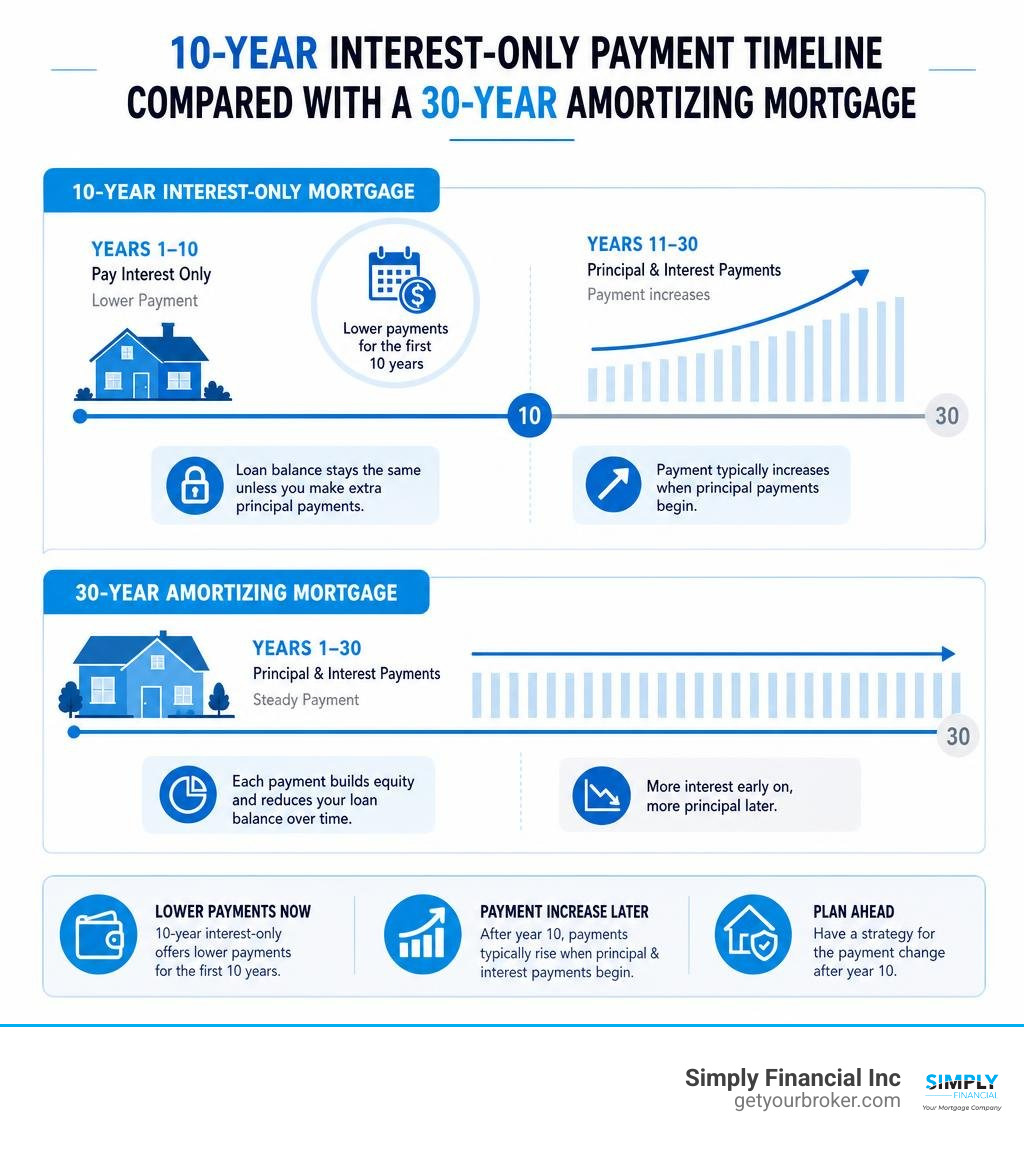 10-year interest-only payment timeline compared with a 30-year amortizing mortgage infographic 10-year interest-only payment timeline compared with a 30-year amortizing mortgage infographic