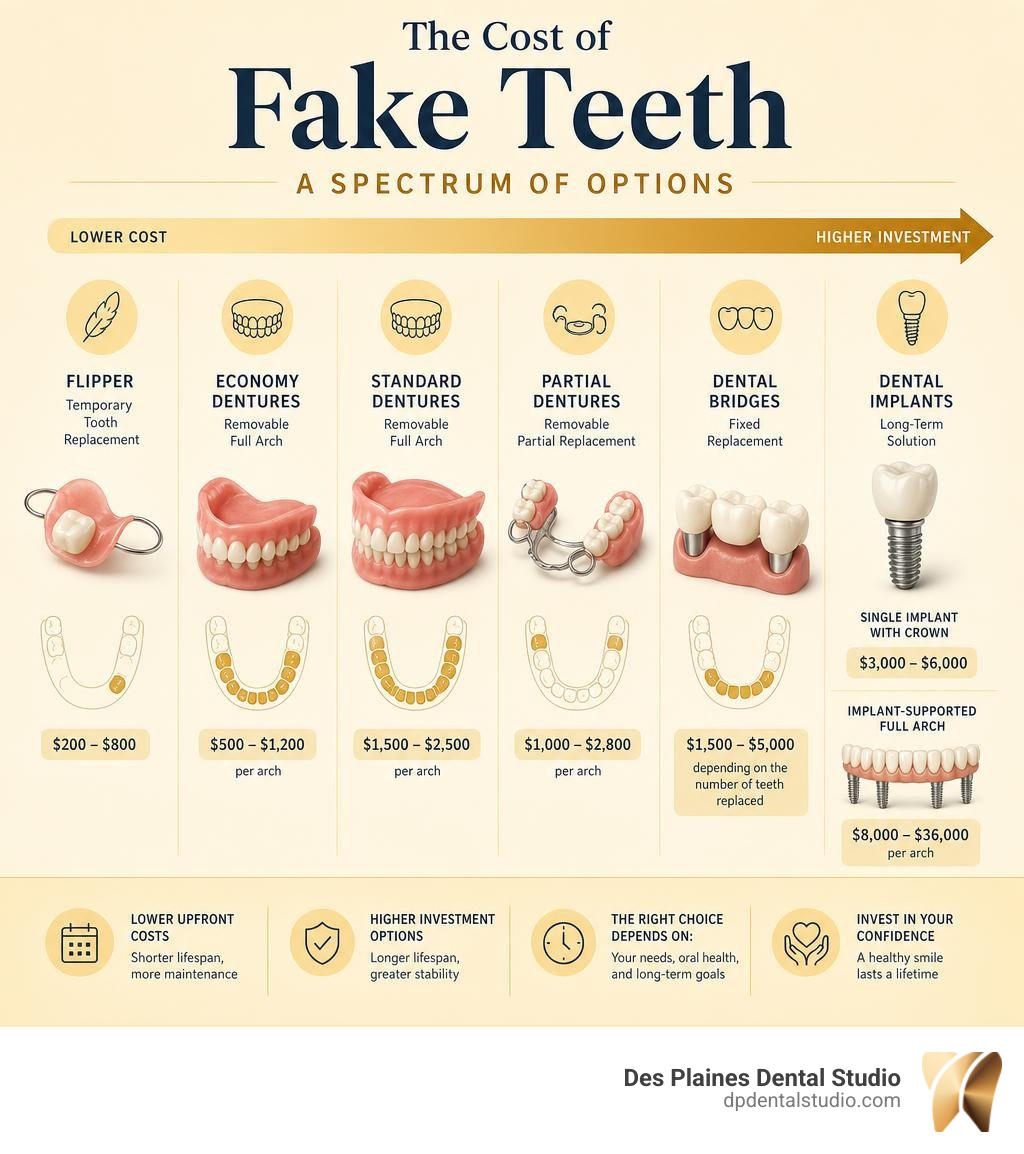 Fake teeth cost spectrum from flippers and dentures to bridges and dental implants infographic Fake teeth cost spectrum from flippers and dentures to bridges and dental implants infographic