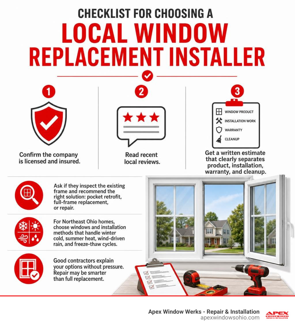 Checklist for choosing a local window replacement installer infographic