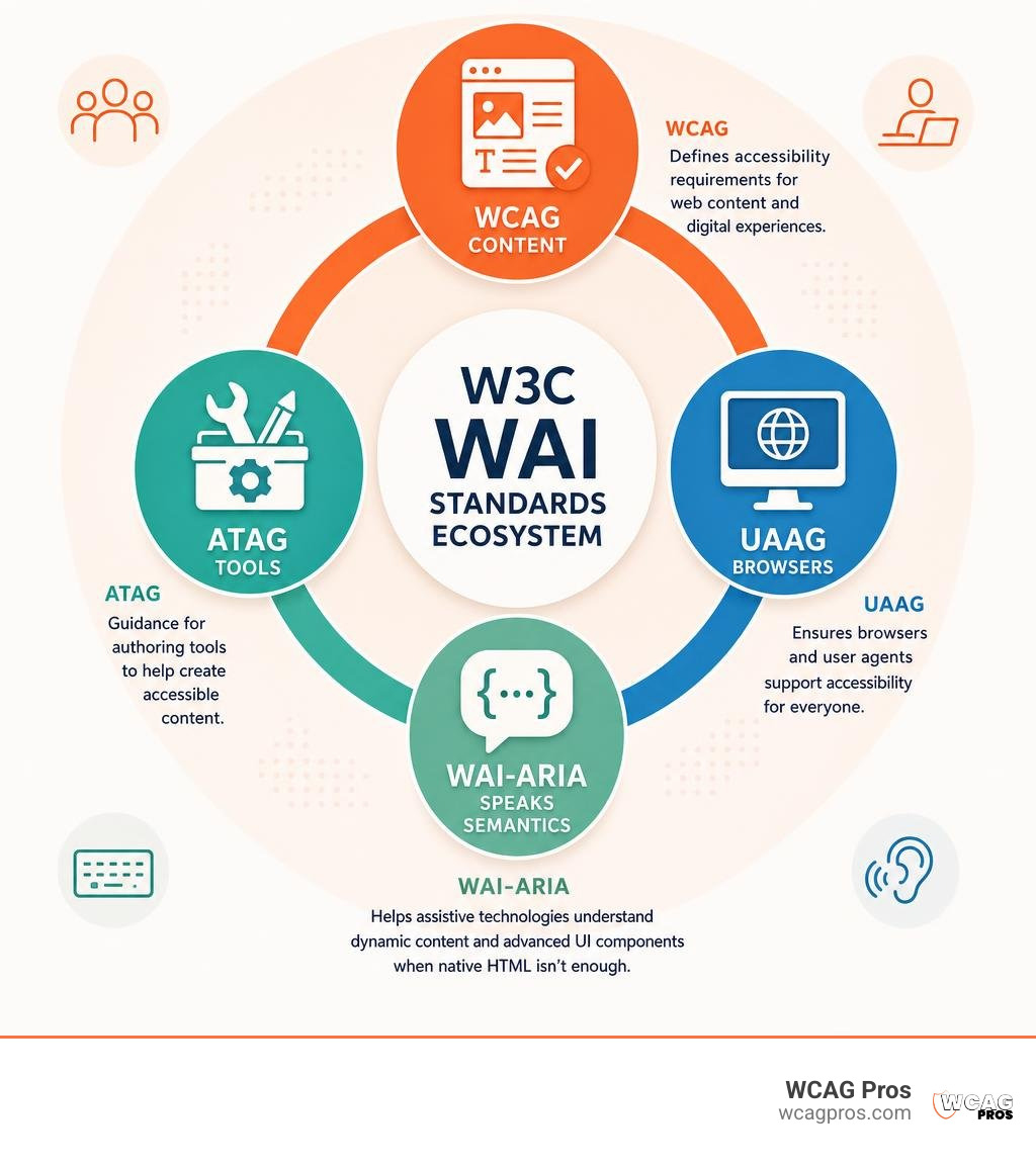 W3C WAI standards ecosystem: WCAG content, ATAG tools, UAAG browsers, and WAI-ARIA infographic W3C WAI standards ecosystem: WCAG content, ATAG tools, UAAG browsers, and WAI-ARIA infographic