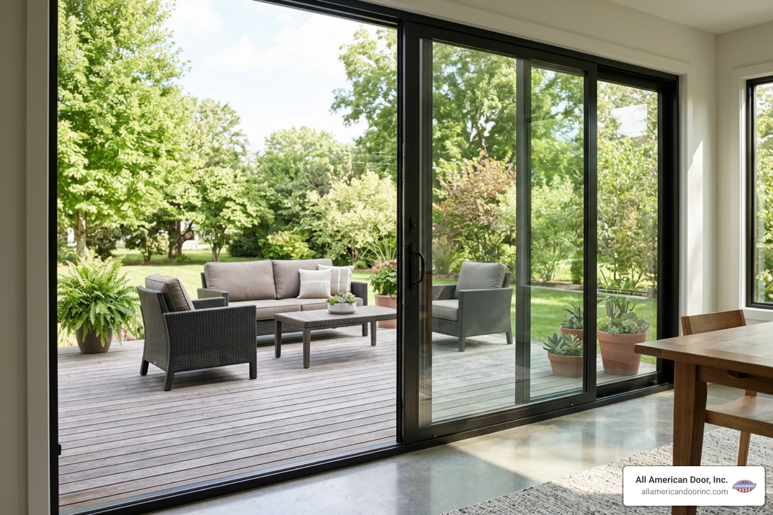 Modern sliding patio door leading to an outdoor living area Modern sliding patio door leading to an outdoor living area
