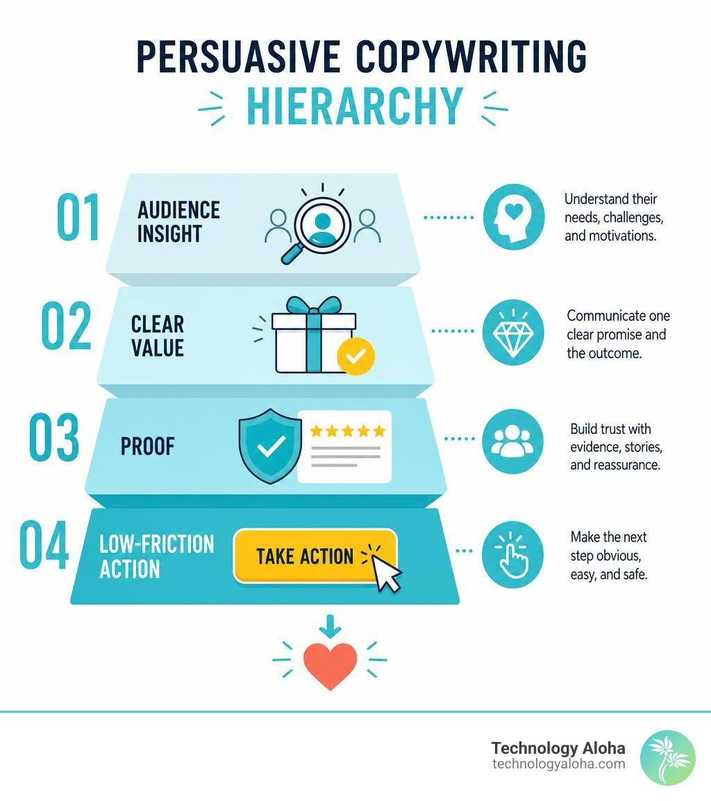 Persuasive copywriting hierarchy: audience insight, clear value, proof, low-friction action infographic