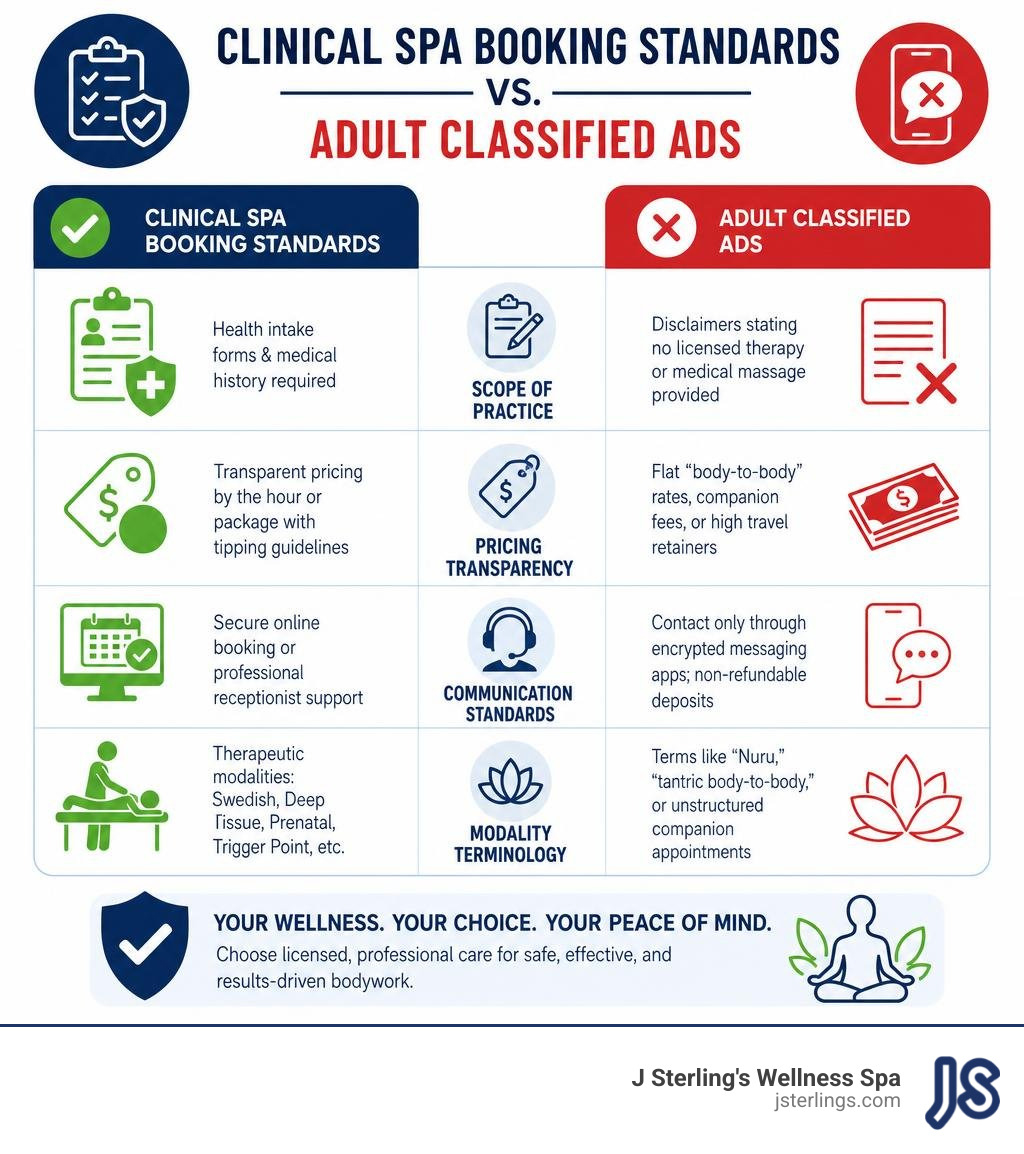 Checklist comparing clinical spa booking standards versus adult classified ads infographic Checklist comparing clinical spa booking standards versus adult classified ads infographic