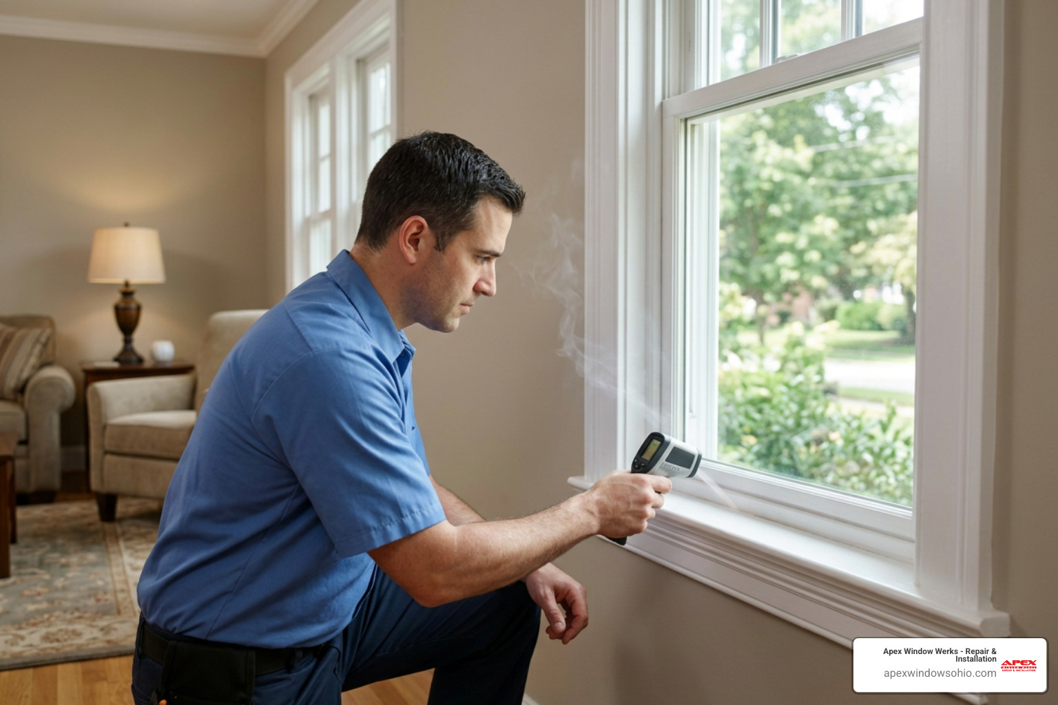 technician inspecting drafty residential window