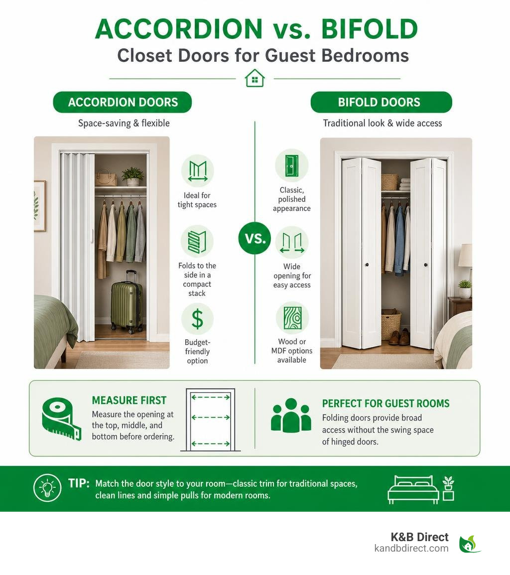 Comparison of accordion and bifold closet door styles for guest bedrooms infographic