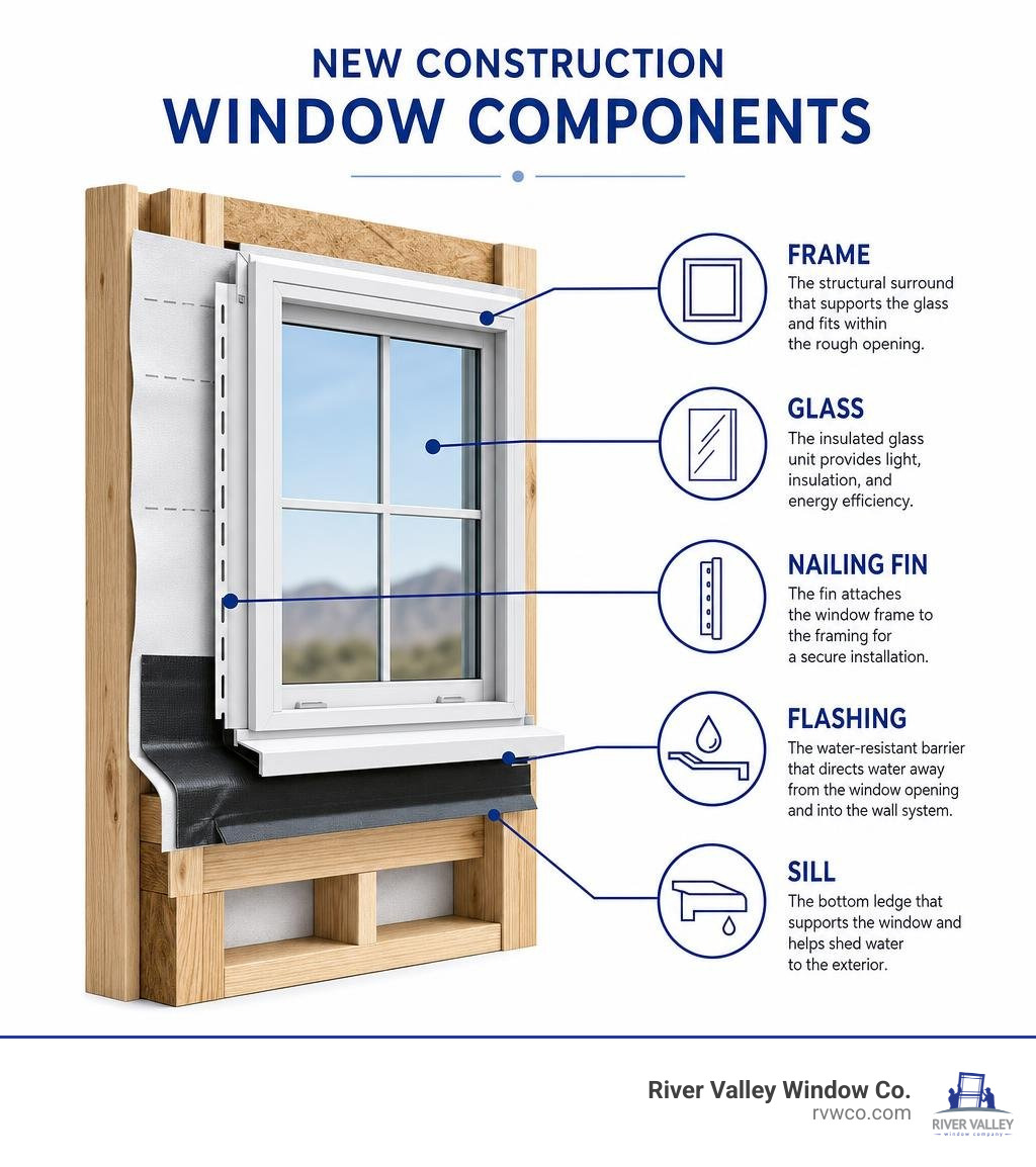 infographic showing new construction window components: frame, glass, nailing fin, flashing, sill infographic infographic showing new construction window components: frame, glass, nailing fin, flashing, sill infographic