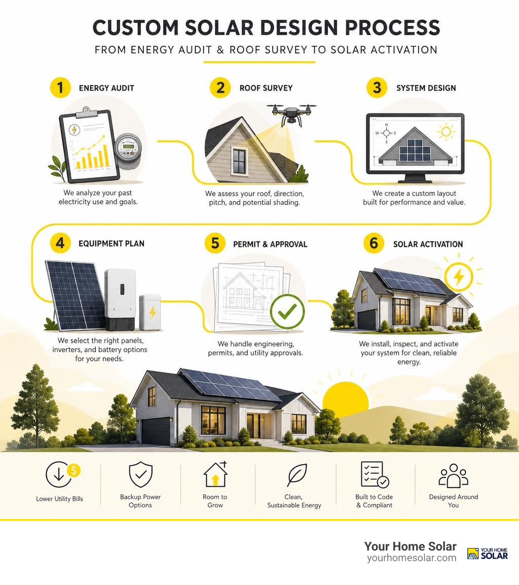 Custom solar design process from energy audit and roof survey to solar activation infographic Custom solar design process from energy audit and roof survey to solar activation infographic