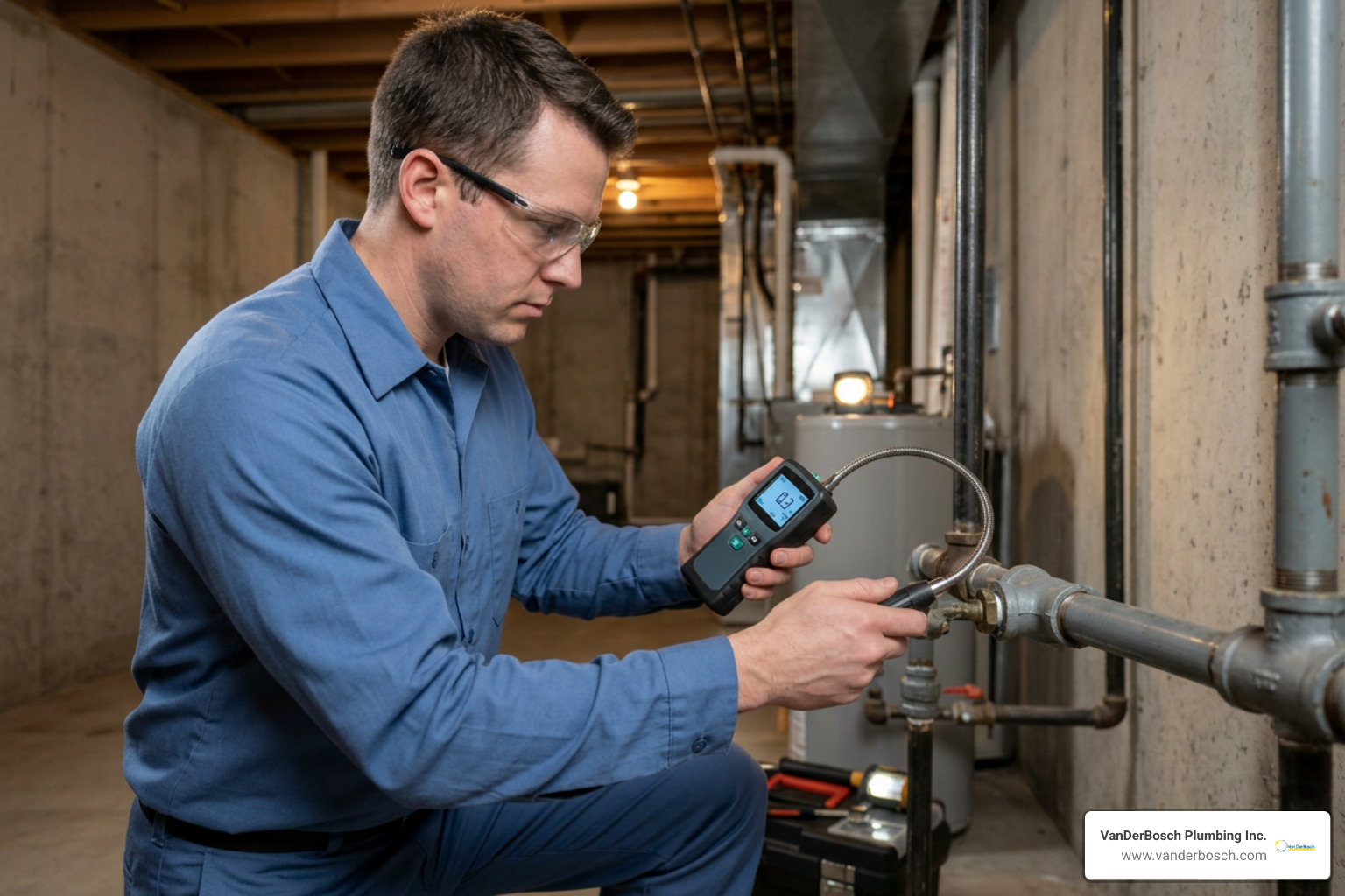 technician using electronic gas leak detector on indoor gas line technician using electronic gas leak detector on indoor gas line