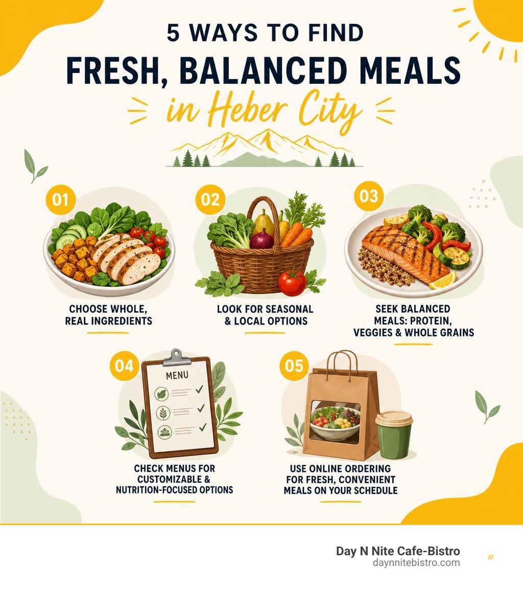 Infographic showing five ways to find fresh balanced meals in Heber City infographic