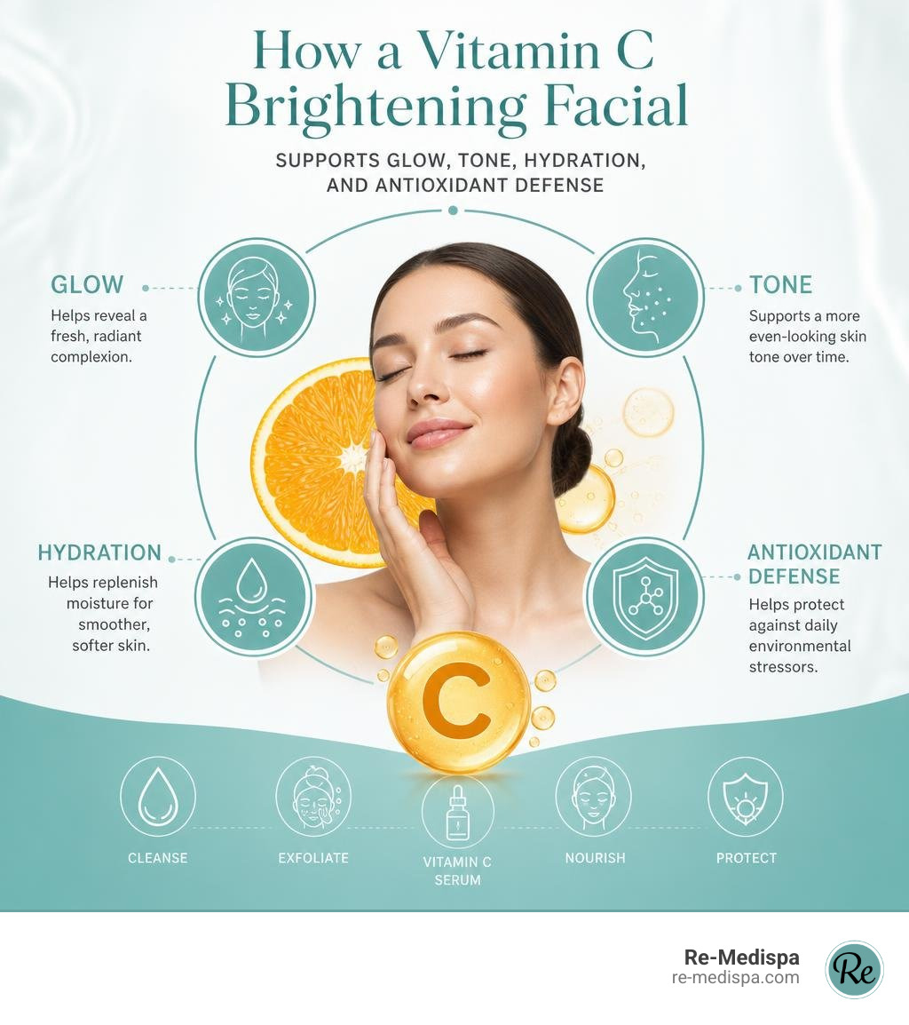How a vitamin C brightening facial supports glow, tone, hydration, and antioxidant defense infographic How a vitamin C brightening facial supports glow, tone, hydration, and antioxidant defense infographic
