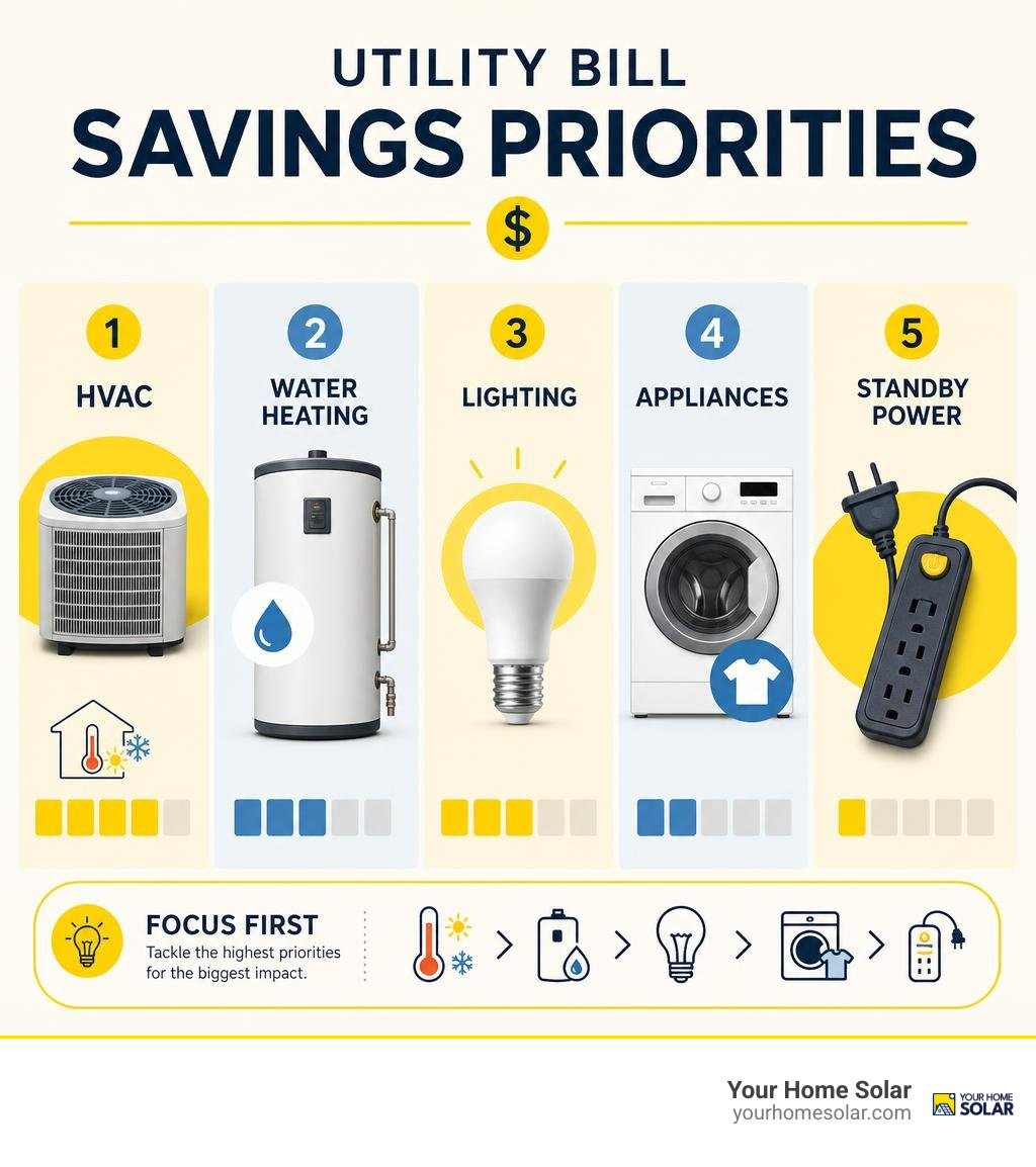 Utility bill savings priorities: HVAC, water heating, lighting, appliances, and standby power infographic Utility bill savings priorities: HVAC, water heating, lighting, appliances, and standby power infographic