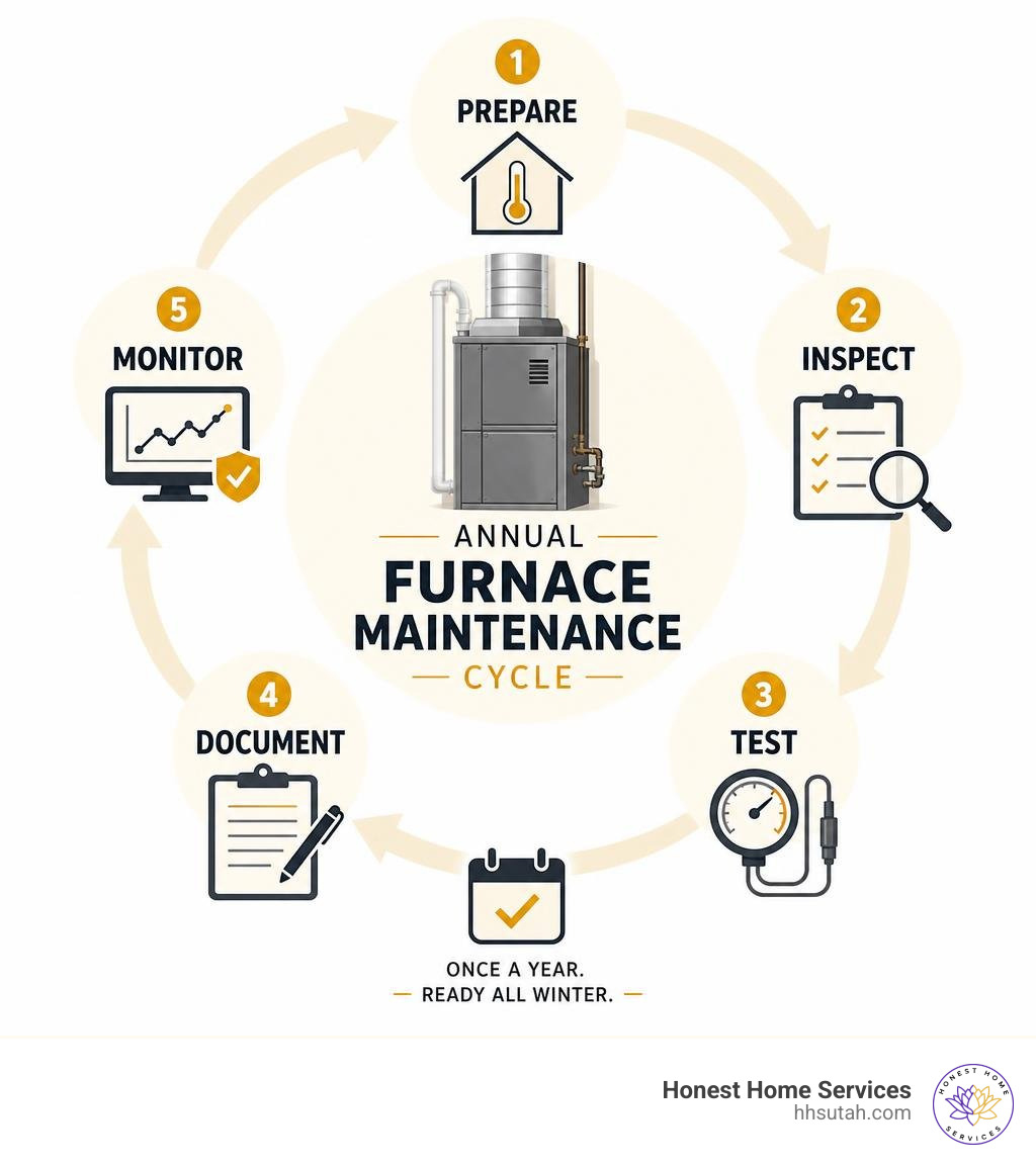 Annual furnace maintenance cycle: prepare, inspect, test, document, and monitor infographic Annual furnace maintenance cycle: prepare, inspect, test, document, and monitor infographic