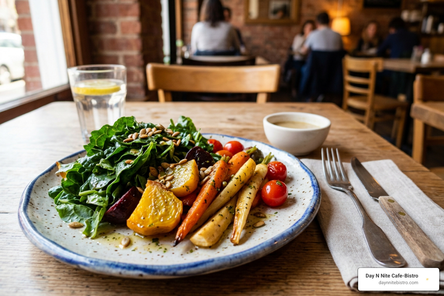 A colorful seasonal lunch plate with crisp greens and roasted vegetables