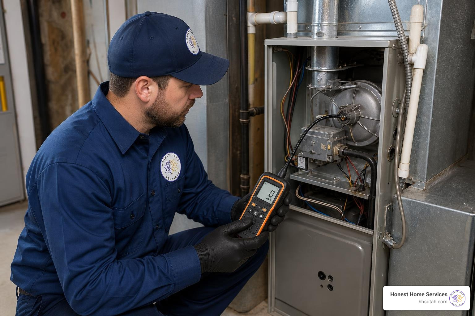 HVAC technician testing carbon monoxide levels during heating inspection HVAC technician testing carbon monoxide levels during heating inspection