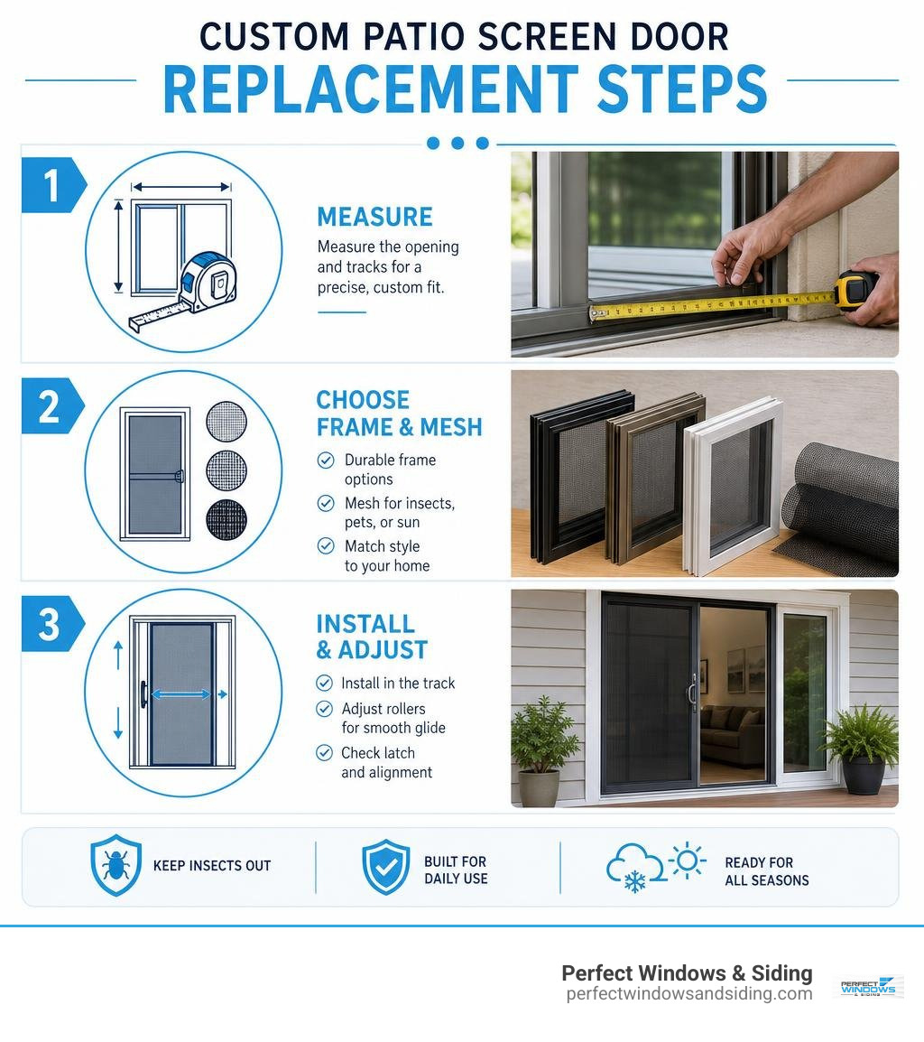 Custom patio screen door replacement steps: measure, choose frame and mesh, install and adjust infographic Custom patio screen door replacement steps: measure, choose frame and mesh, install and adjust infographic
