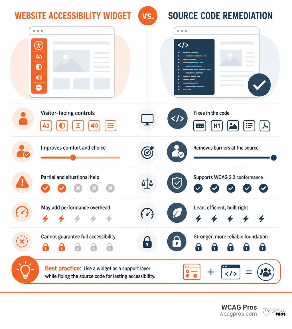Website accessibility widget versus source code remediation comparison infographic Website accessibility widget versus source code remediation comparison infographic