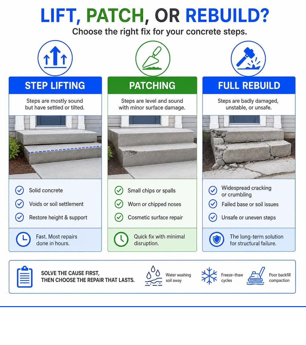 Infographic comparing step lifting, patching, and full rebuilding infographic Infographic comparing step lifting, patching, and full rebuilding infographic