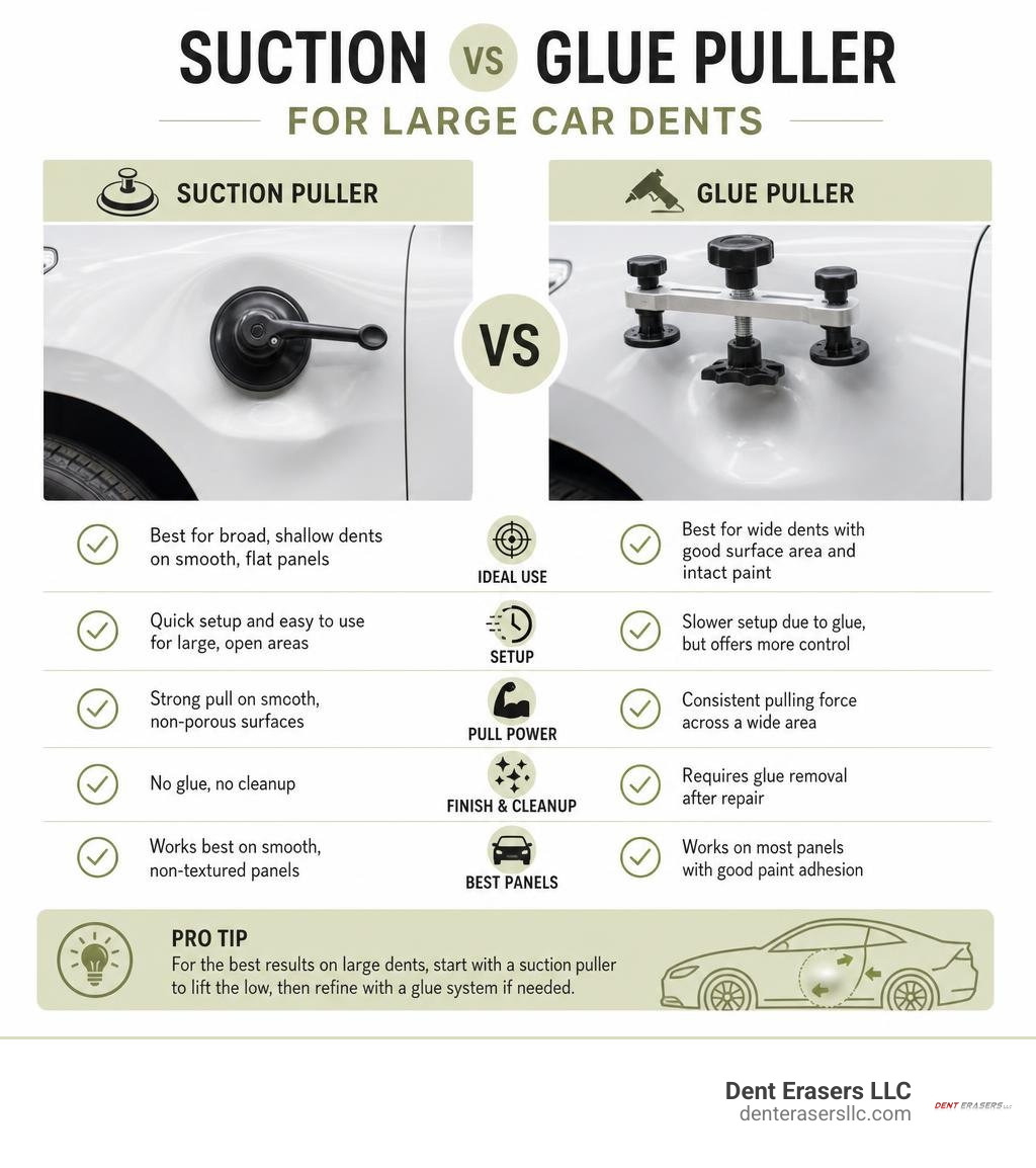 Suction and glue puller comparison for large car dents infographic Suction And Glue Puller Comparison For Large Car Dents Infographic