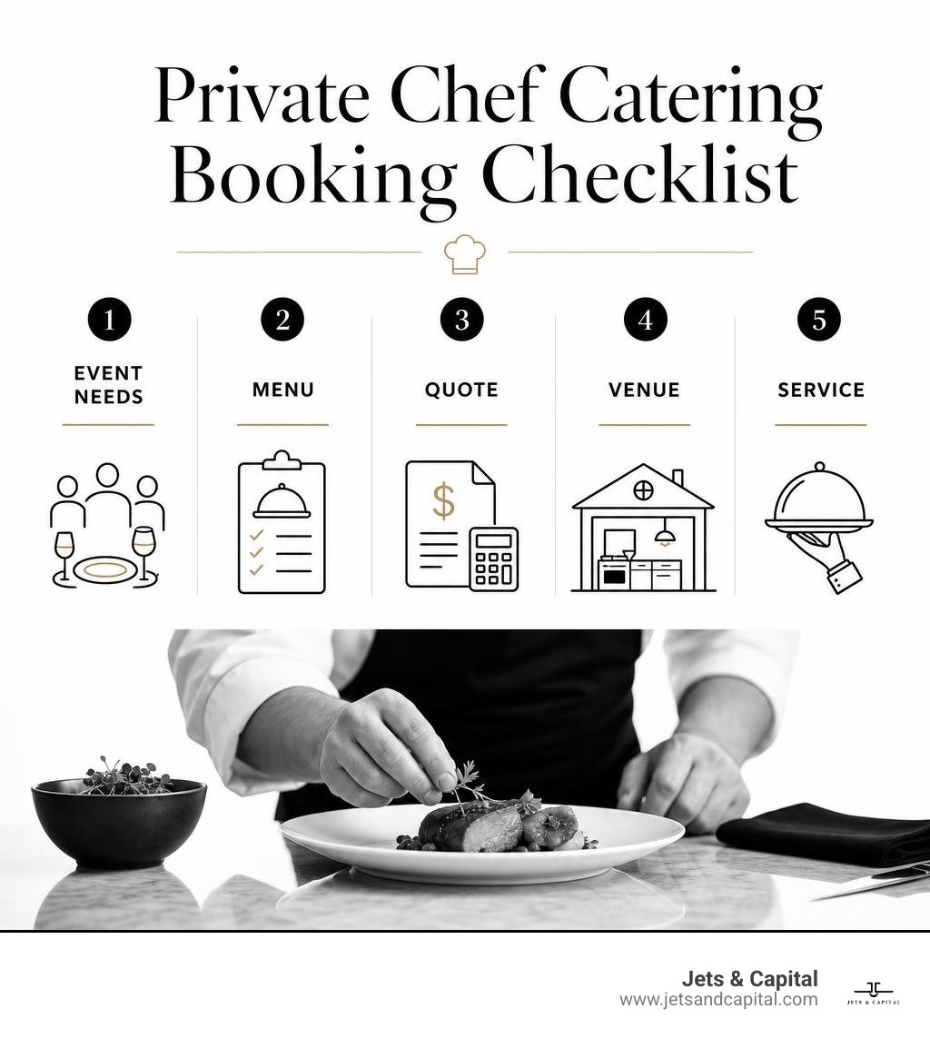 Private chef catering booking checklist: event needs, menu, quote, venue, service infographic