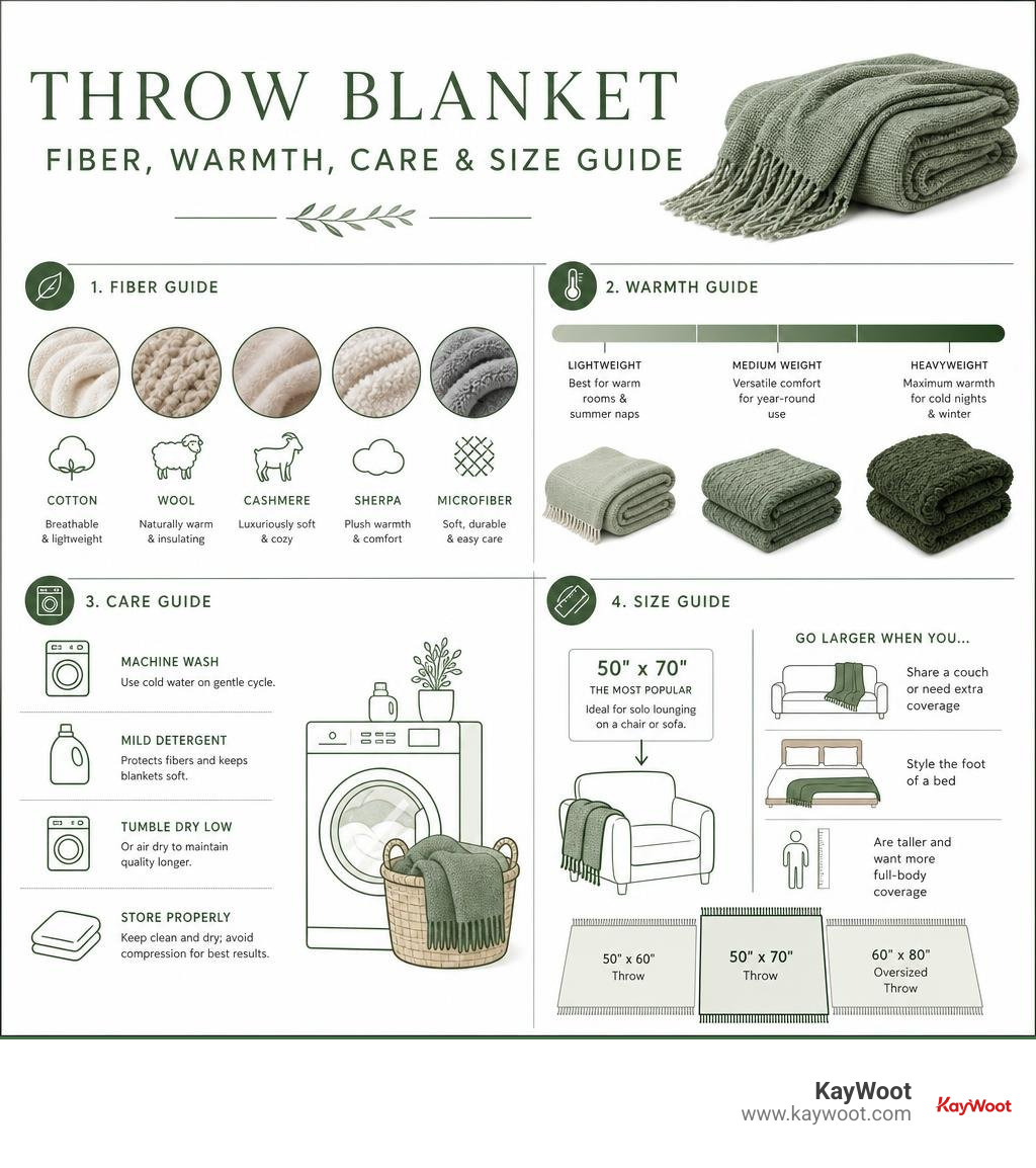 Throw blanket fiber, warmth, care, and size guide infographic Throw blanket fiber, warmth, care, and size guide infographic
