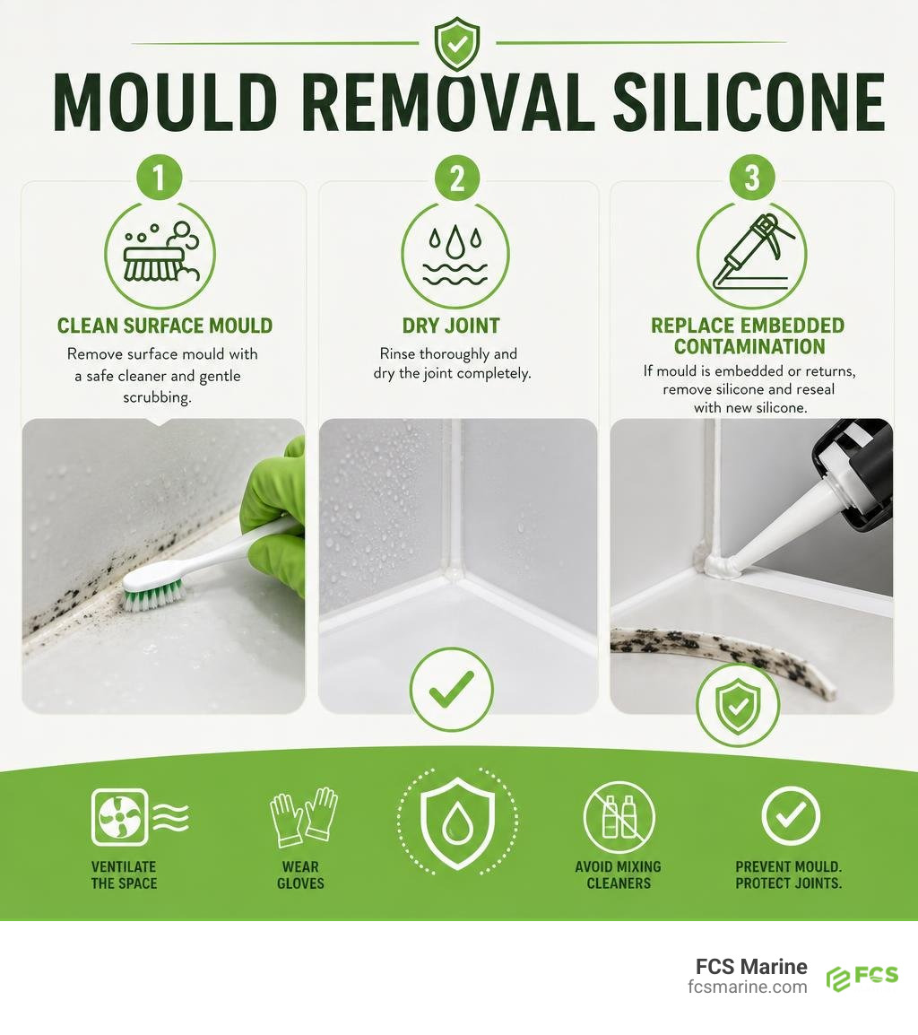 Mould removal silicone: clean surface mould, dry joint, replace embedded contamination infographic