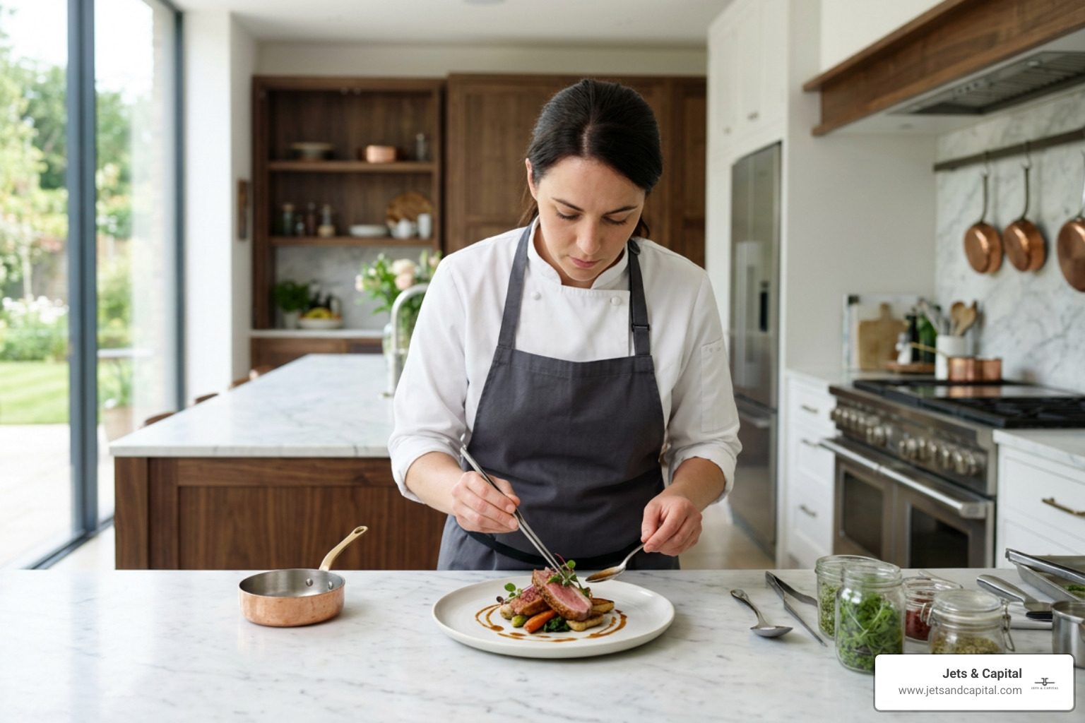 private chef preparing gourmet courses on-site in a luxury kitchen