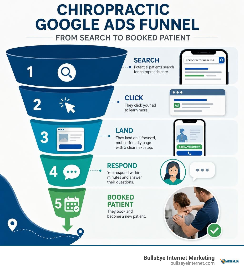Chiropractic Google Ads funnel from search to booked patient infographic Chiropractic Google Ads funnel from search to booked patient infographic