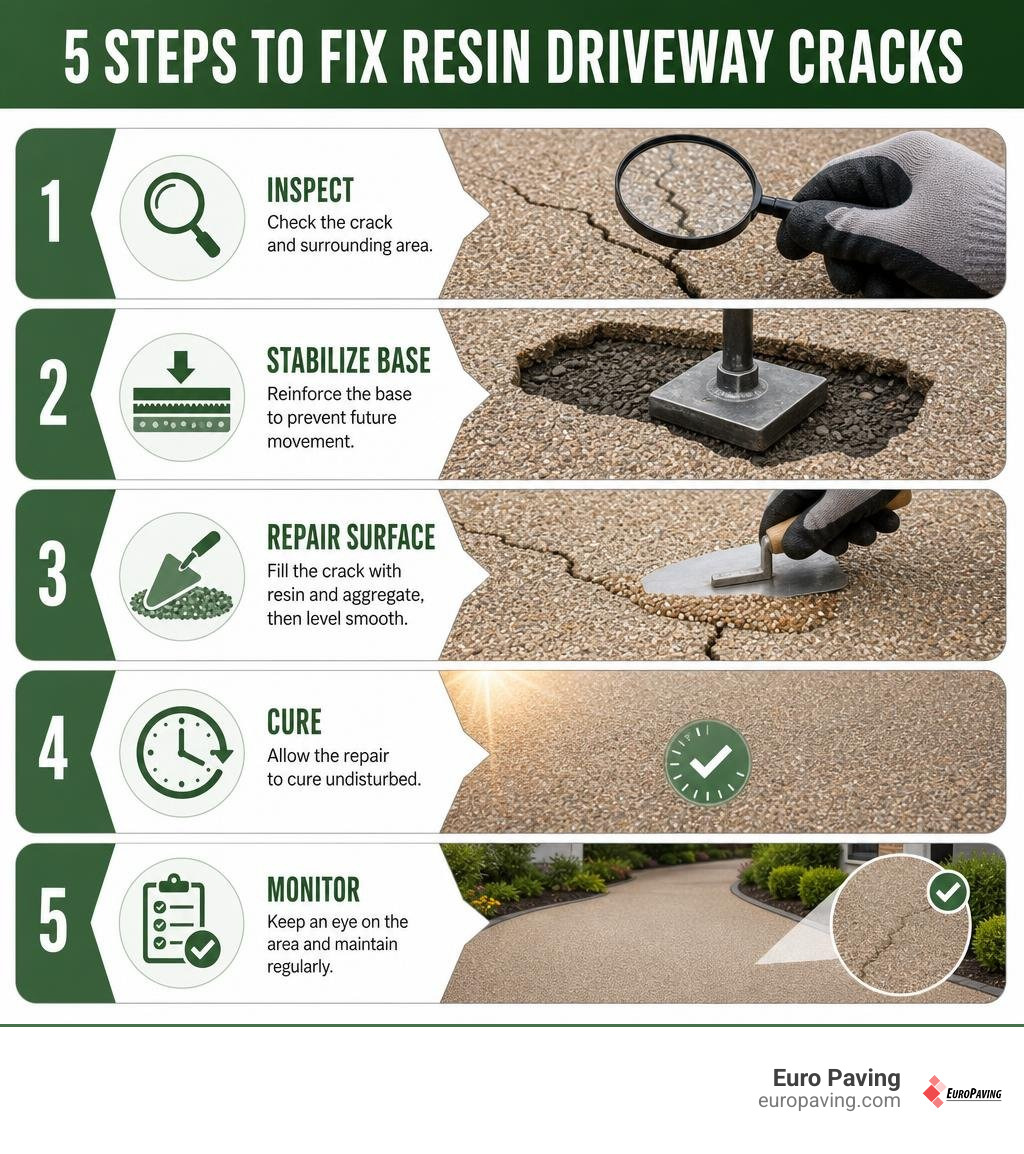 Infographic showing inspect, stabilize base, repair surface, cure, and monitor resin cracks infographic